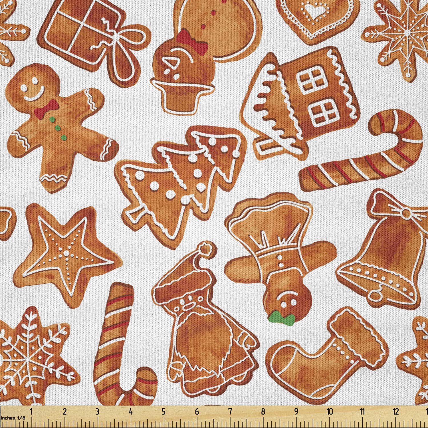 Ambesonne Christmas Fabric by The Yard, Gingerbread Man House Cones Xmas Cookie Celebration Theme, Microfiber Fabric for Arts and Crafts Textiles & Decor, 2 Yards, Brown White