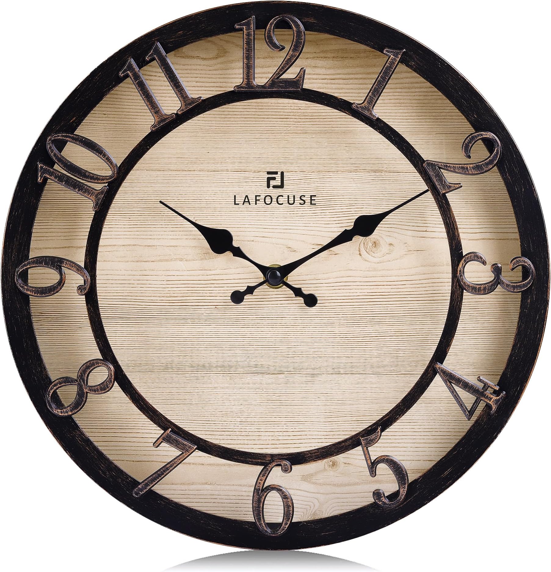 Lafocuse 12 Inch Rustic Black Wall Clock Silent Non Ticking, Farmhouse Kitchen Clocks Battery Operated, Vintage Clock with 3D Easy to Read Numerals for Living Room Bedroom