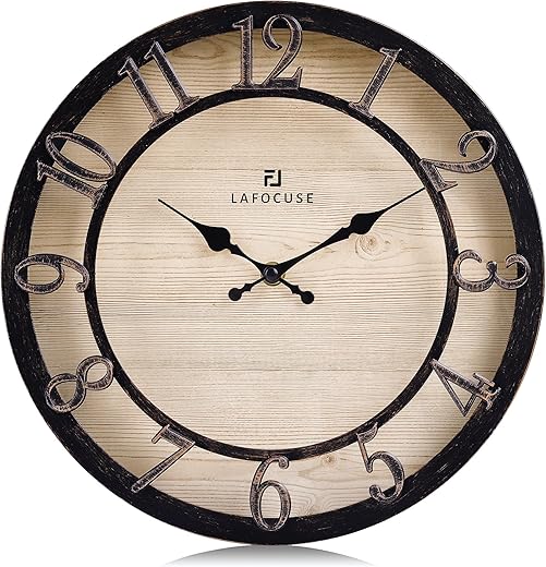 Lafocuse 12 Inch Raised 3D Numbers Black Wall Clock Kitchen Battery Operated, Silent Farmhouse Distressed Rustic Wall Clocks for Living Room Decor