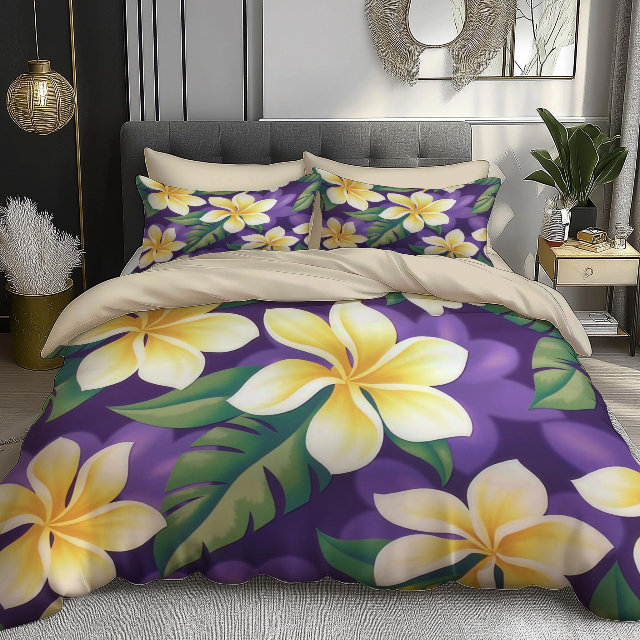 Housse de couette 140x200 fleurs tropicales en microfibre avec taie 65x65