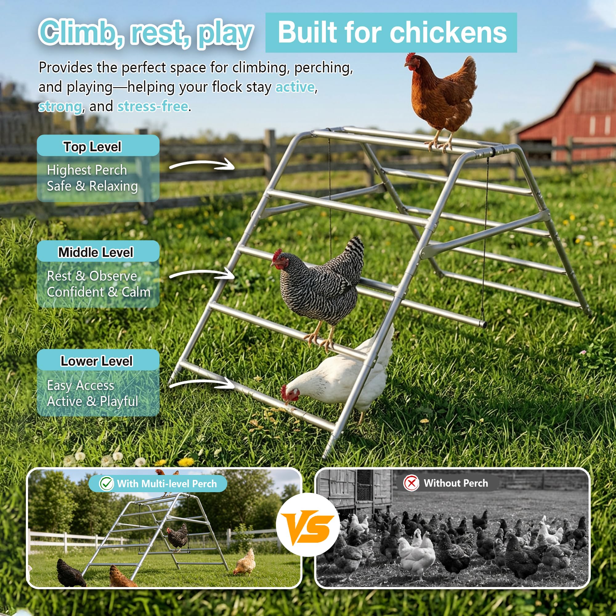 Percha grande para gallinero, barra de gallo para gallina, divertido juguete de pollo para accesorios de gallinero