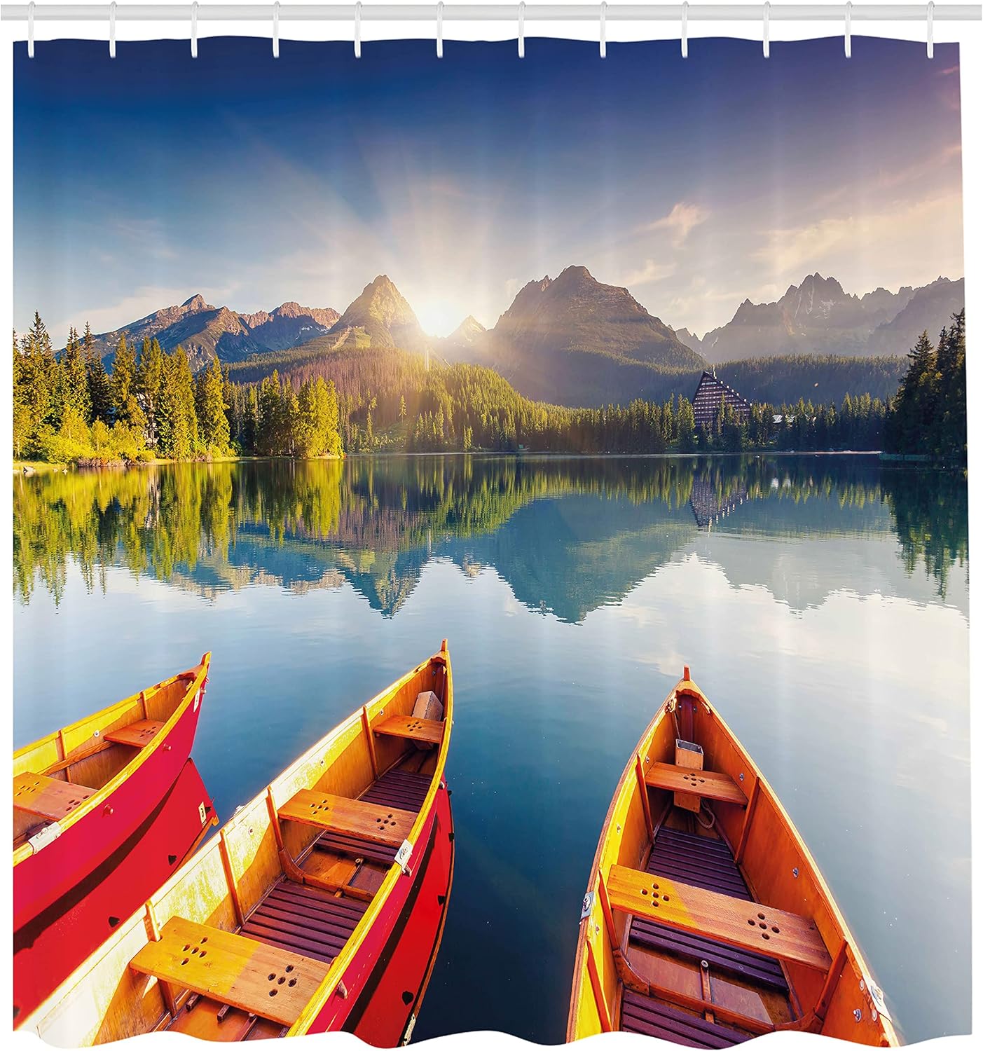 Ambesonne Fishing Shower Curtain, Mountain Lake in National Park Slovakia Sailboats European Ecology Nature Print, Cloth Fabric Bathroom Decor Set with Hooks, 69" W x 84" L, Marigold Green