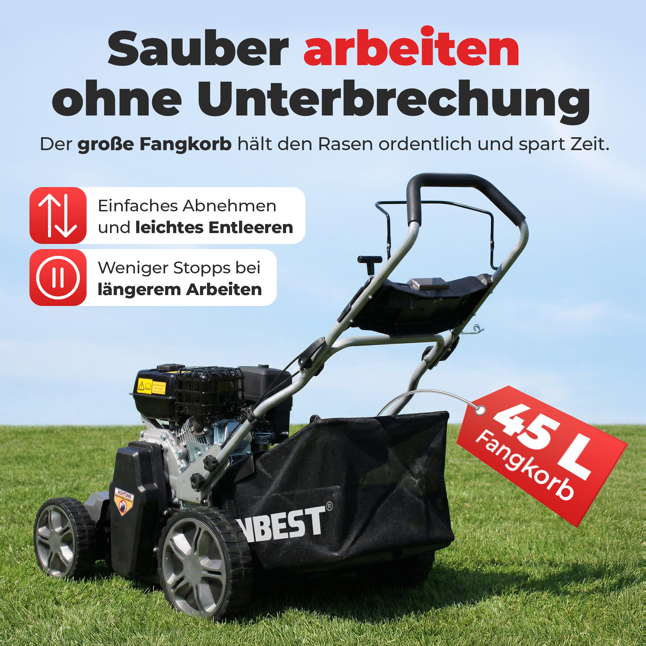 ONBEST Benzin Vertikutierer 4,5 kW 6,12 PS 440 mm | Rasenvertikutierer und Rasenlüfter mit Messer- und Federkrallenwalze, 45 L Fangkorb und 6 Tiefenstufen