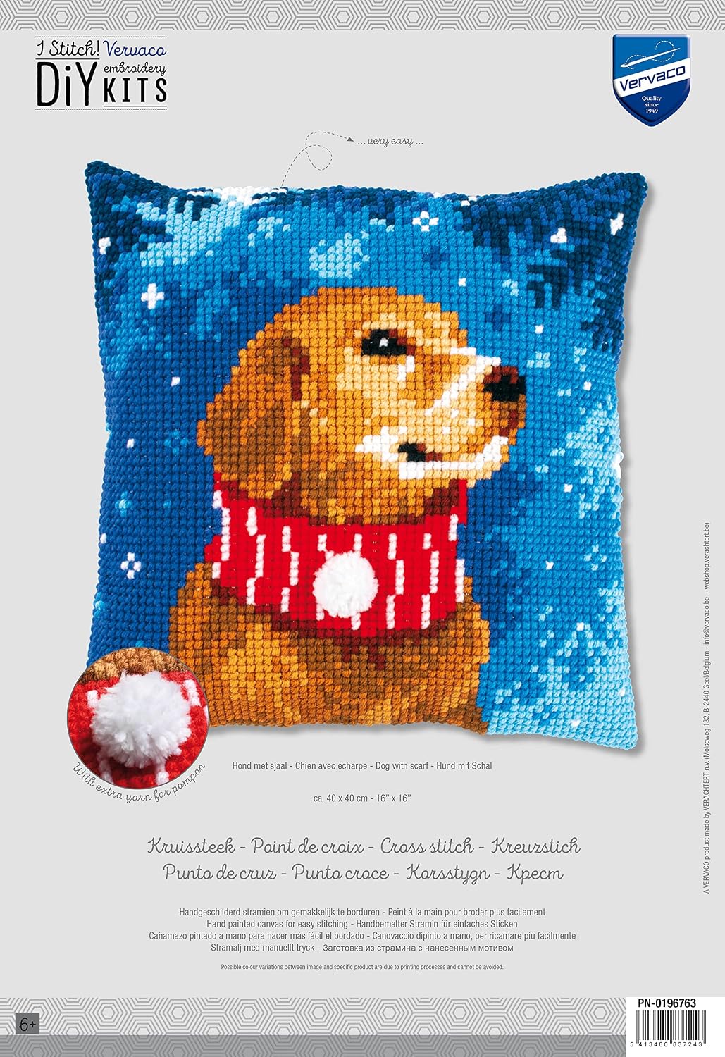 Vervaco Stamped Cross Stitch kit Cushion Hund mit Schal, 40x40cm, DIY