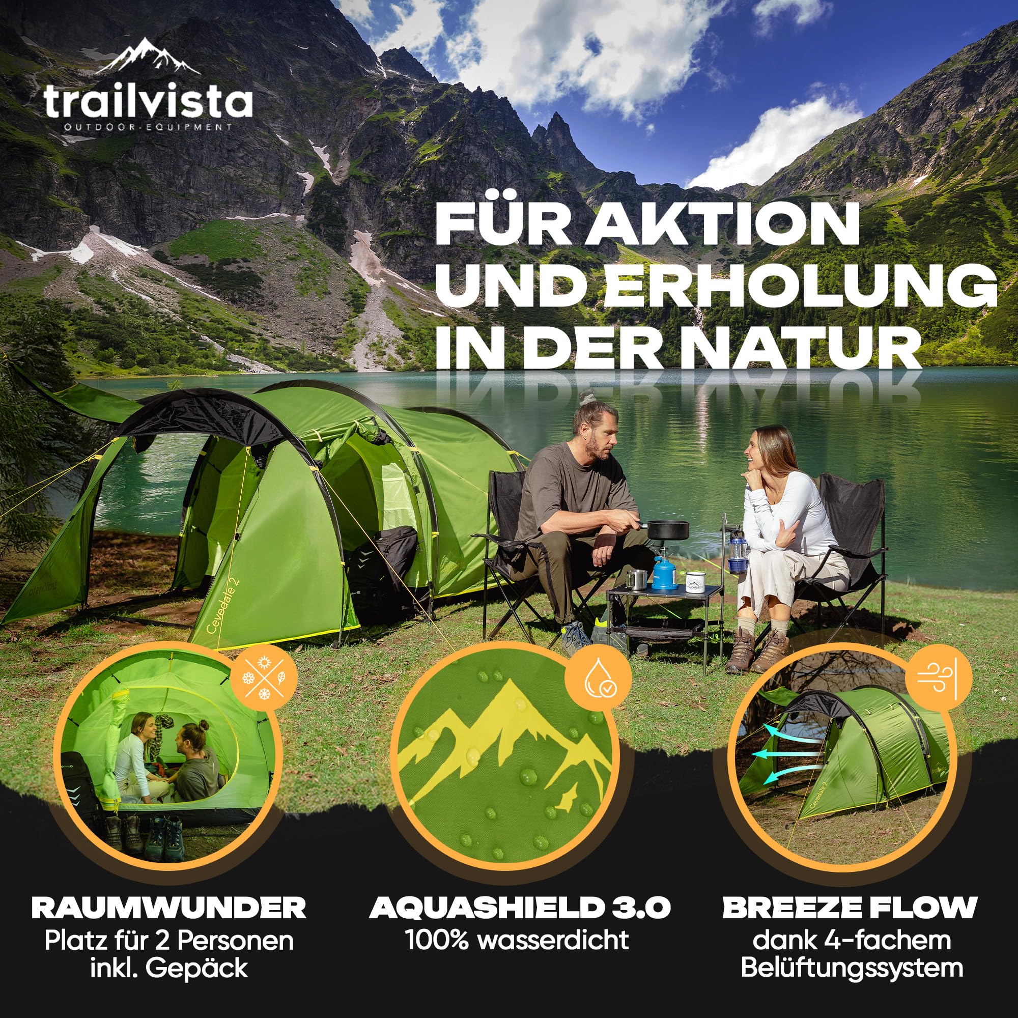 Tienda de campaña impermeable para 2 y 4 personas, tienda de campaña tipo túnel con toldo y protección contra mosquitos, tienda de campaña familiar ligera y estable, montaje rápido, tienda