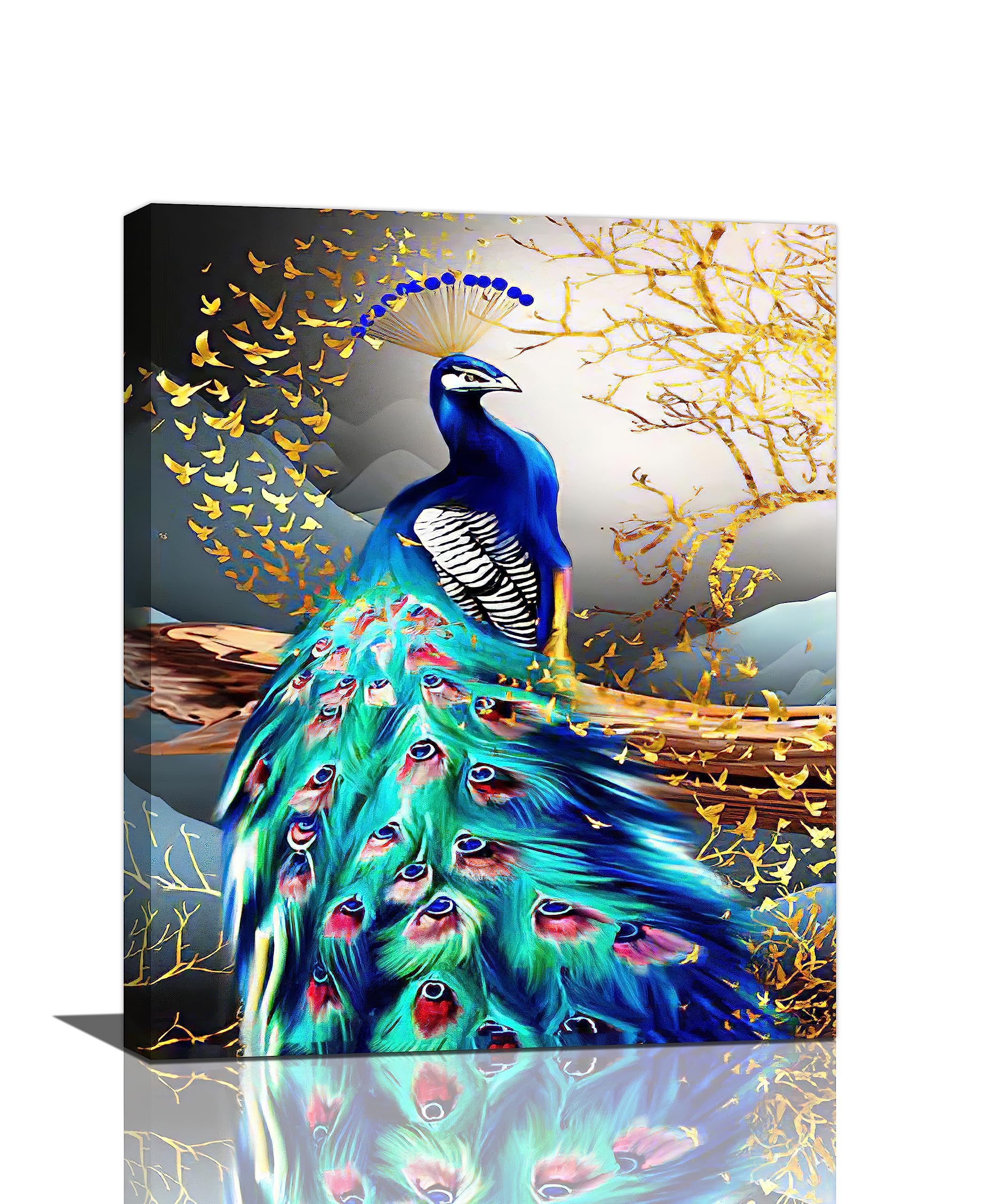 yerretin Peacock Wall Art Peacock Golden Tree Pictures Wall Decor Bird Canvas Painting Modern Decoration Artwork for Bathroom Living Room Bedroom Office Framed 16"x20"