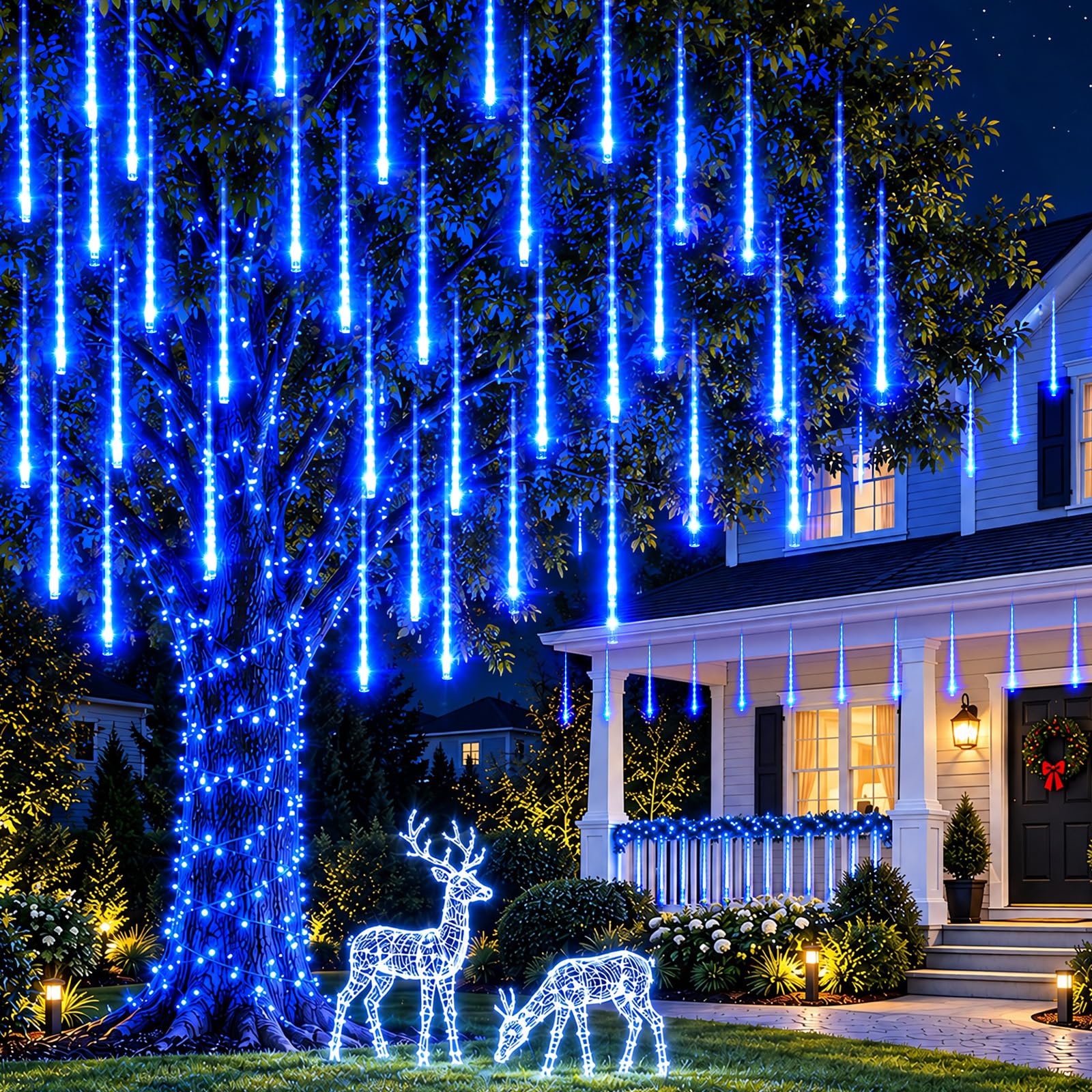 Brightown 12" inch meteor shower lights outdoor, 8 tube blue icicle lights