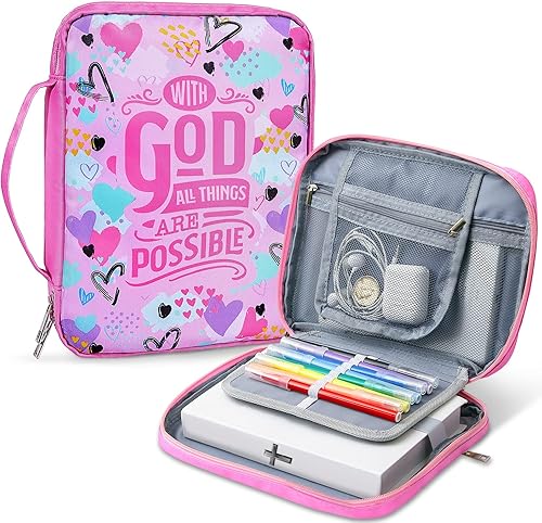 Pink Dino Fundas para la Biblia para mujeres y niñas, funda grande para la Biblia con múltiples bolsillos con cremallera, bolsa de transporte para