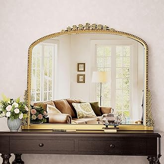 Wall Mirror, Vintage Carved Bathroom Mirror 32" x 40" Antique Metal Frame Wall Mirror for Bedroom, Living Room, Entryway, Fireplace, Hallway, Gold