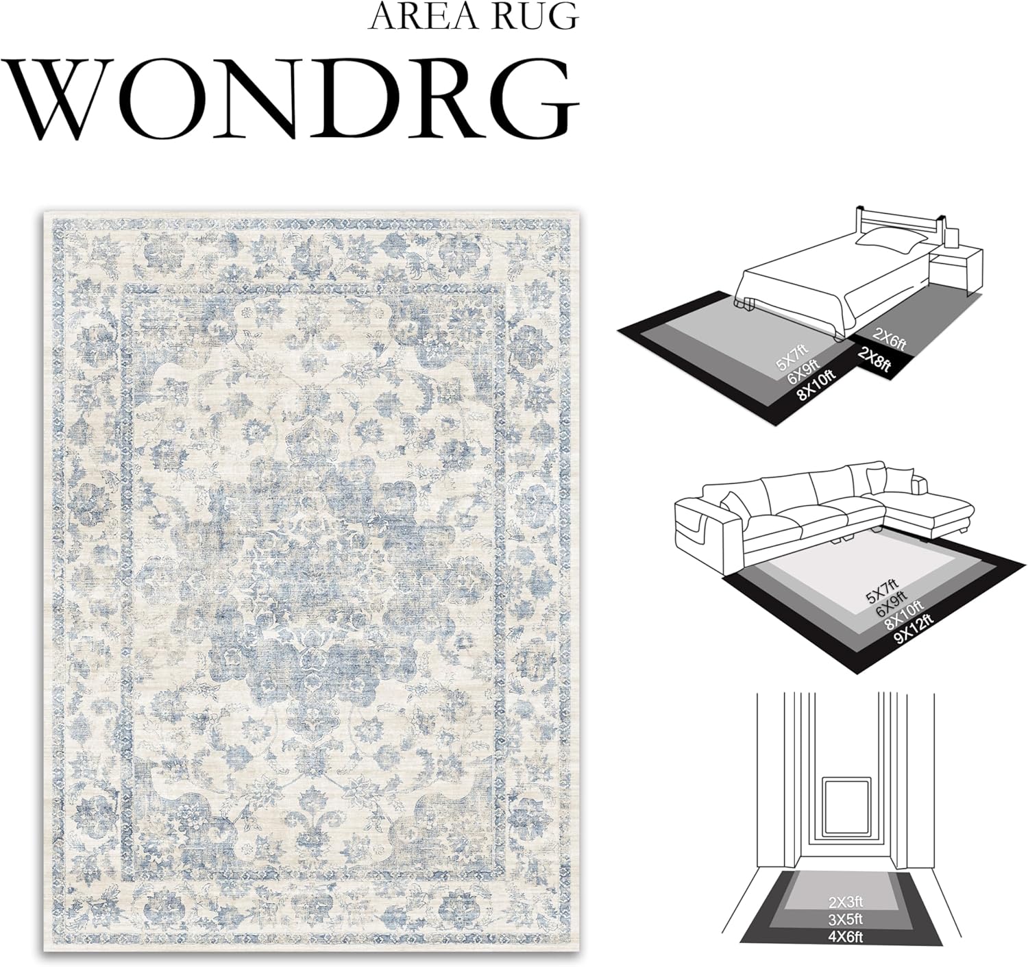 8x10 Washable Neutral Area Rug Blue Vintage Living Room Bedroom Carpet Non-Slip Soft Low Pile Floral Indoor Large Throw Rug for Dining Room Office