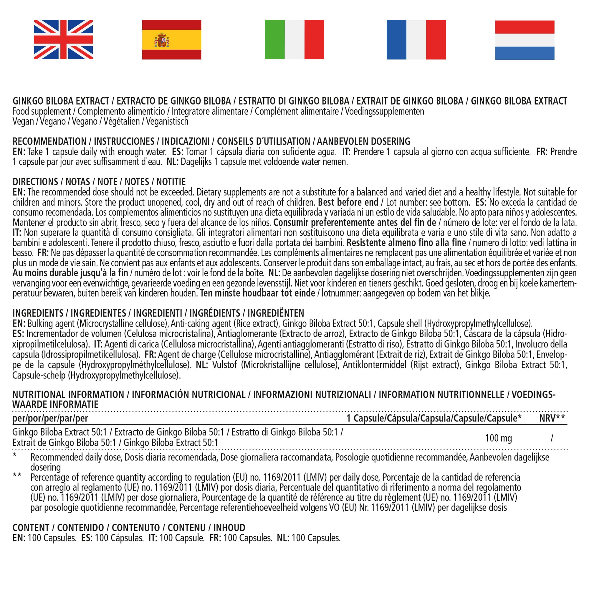 Ginkgo Biloba 50:1 Estratto 100 mg = 5000 mg Polvere di Foglie di Ginkgo Puro per Capsula Vegana, 100 Capsule per 100 Giorni, Integratore Alimentare senza Additivi non Necessari