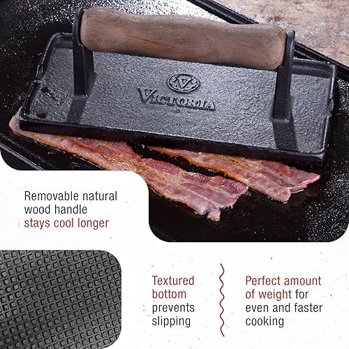 Miniatura 4 de Victoria Prensa rectangular de carne de hierro fundido con mango de madera preinstalada con aceite de linaza fabricada en Colombia