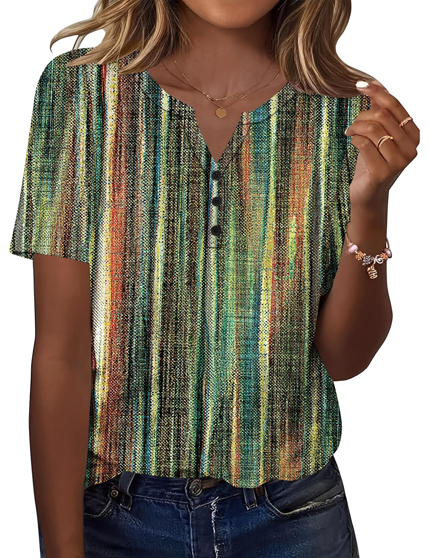 Kistore Tshirt Damen Elegant V Ausschnitt Kurzarm Bluse mit Knopf Sommer Leicht Mode Damenkleidung Lässig Büro Blusenshirt S-2XL