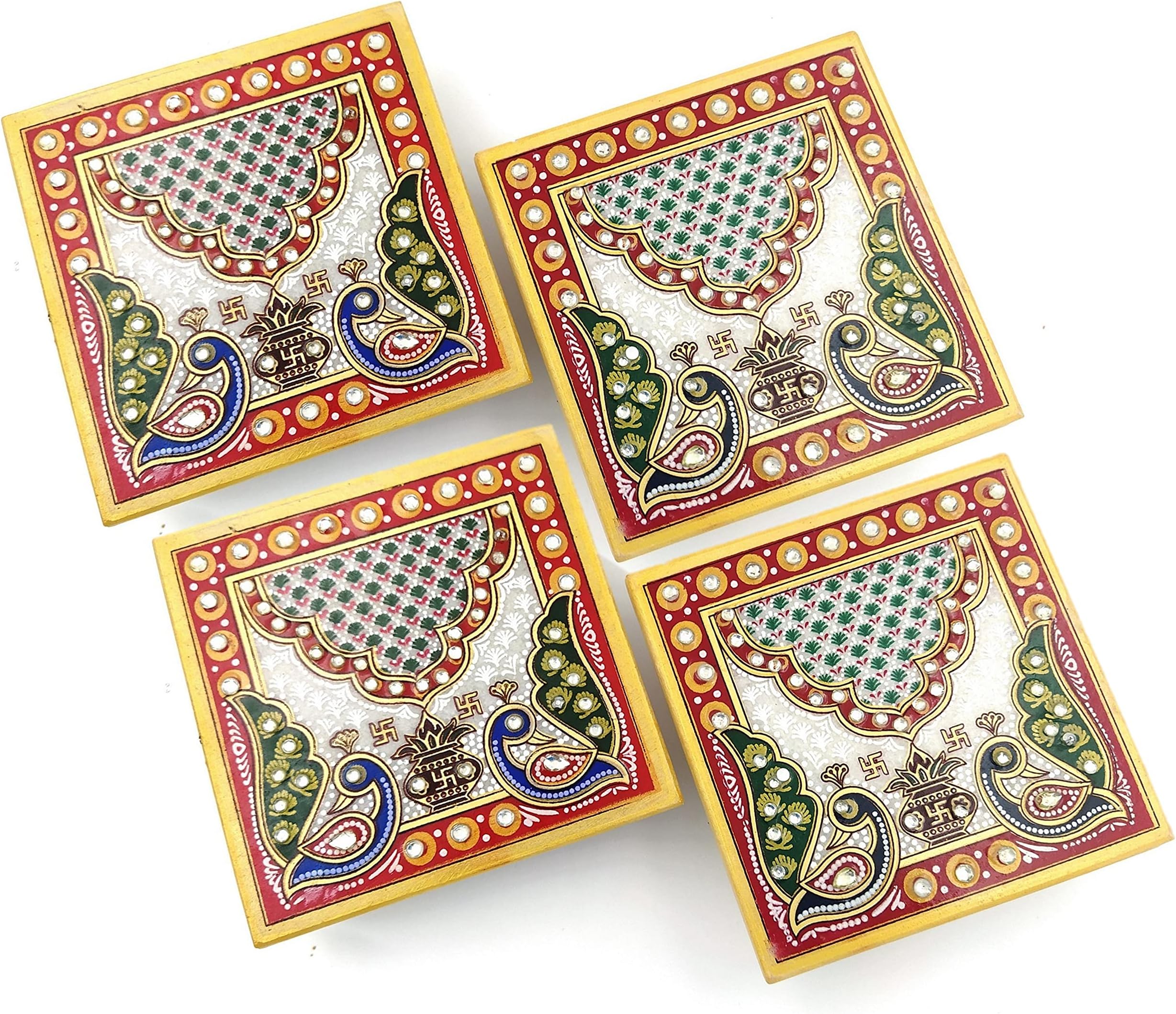 Mander Mini Marble Pooja Chowki For God Mandir Aasan |Handcrafted Peacock Design Square Shaped Marble Puja Chowki For God, Idols And Home Decor (Size: 4" X 4" Inch,Set of 4), Multi Colour