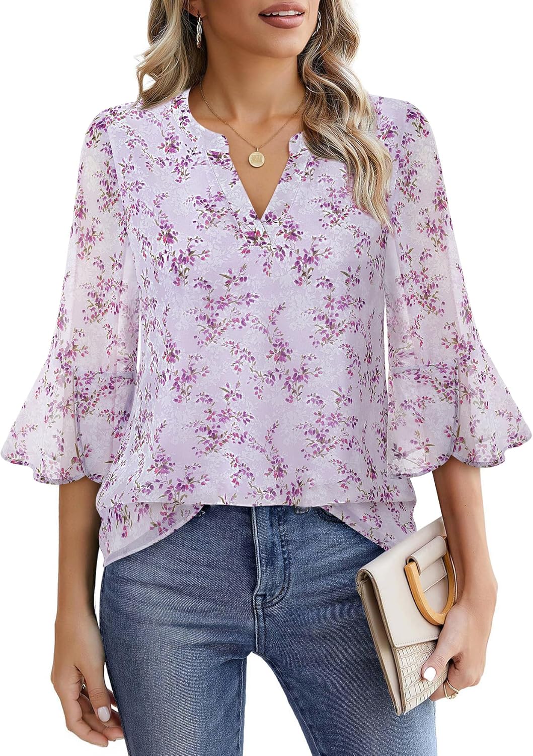 VALOLIA Womens 3/4 Sleeve Tops Dressy Casual Chiffon Blouses Floral Print V-Neck Work Office Shirts