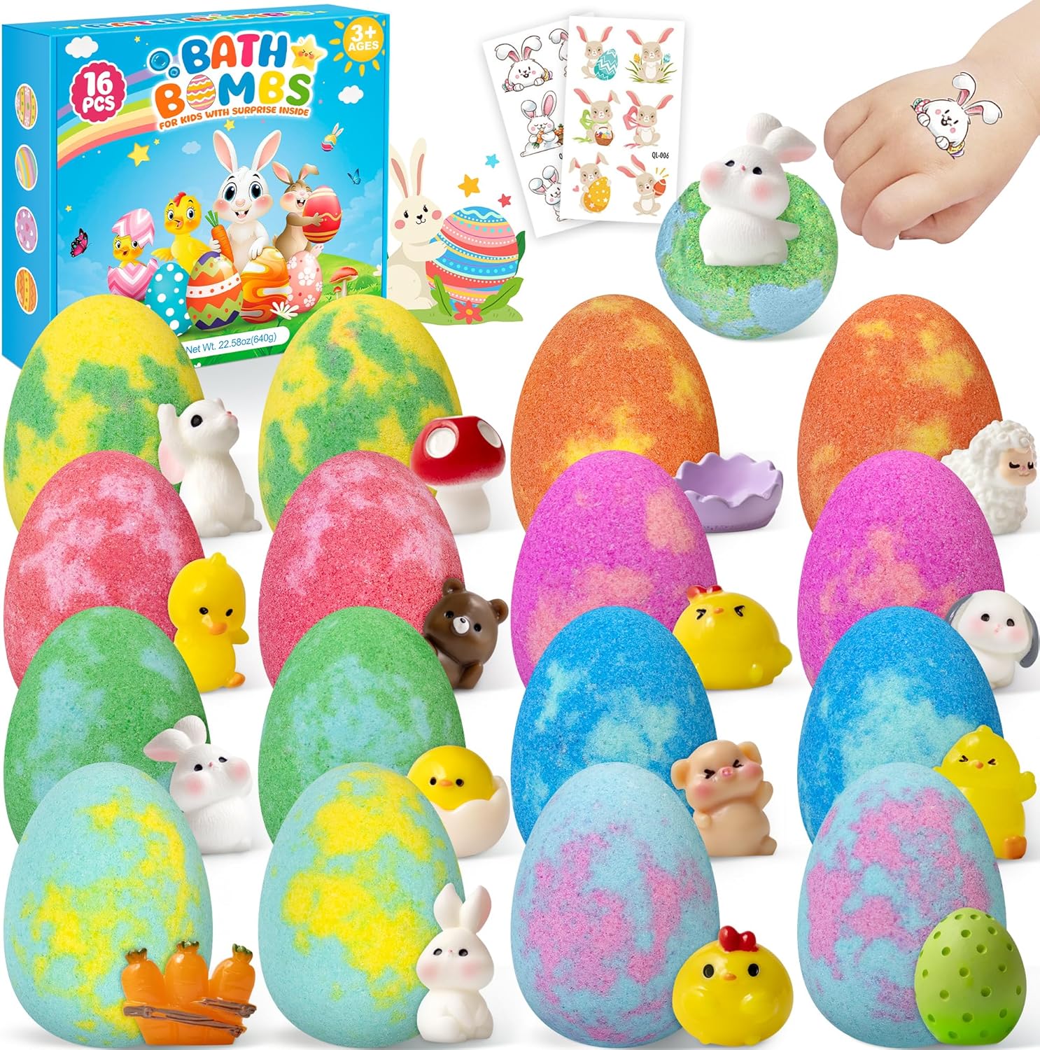 Bath Bombs for Kids with Surprise Inside, 16 Pack Easter Kid Bath Bombs Gift Set, Easter Gifts for Kids Bubble Bath Bomb for Boys Girls with Toys Inside, Easter Basket Stuffers & Easter Egg Fillers