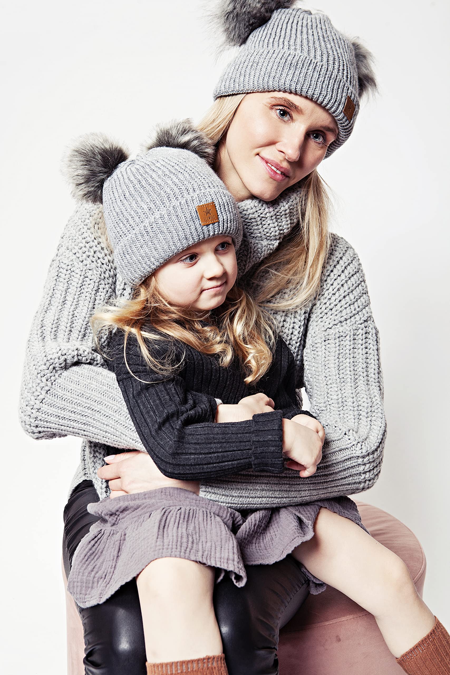 ELIMELI Eltern-Kind Mütze Mädchen Warme Wintermütze für Mutter und Tochter Mütze Damen Winter mit Zwei Bommeln Slouch Strick Beanie Damen Bommelmütze Kinder Mama und Baby Cap Set 3