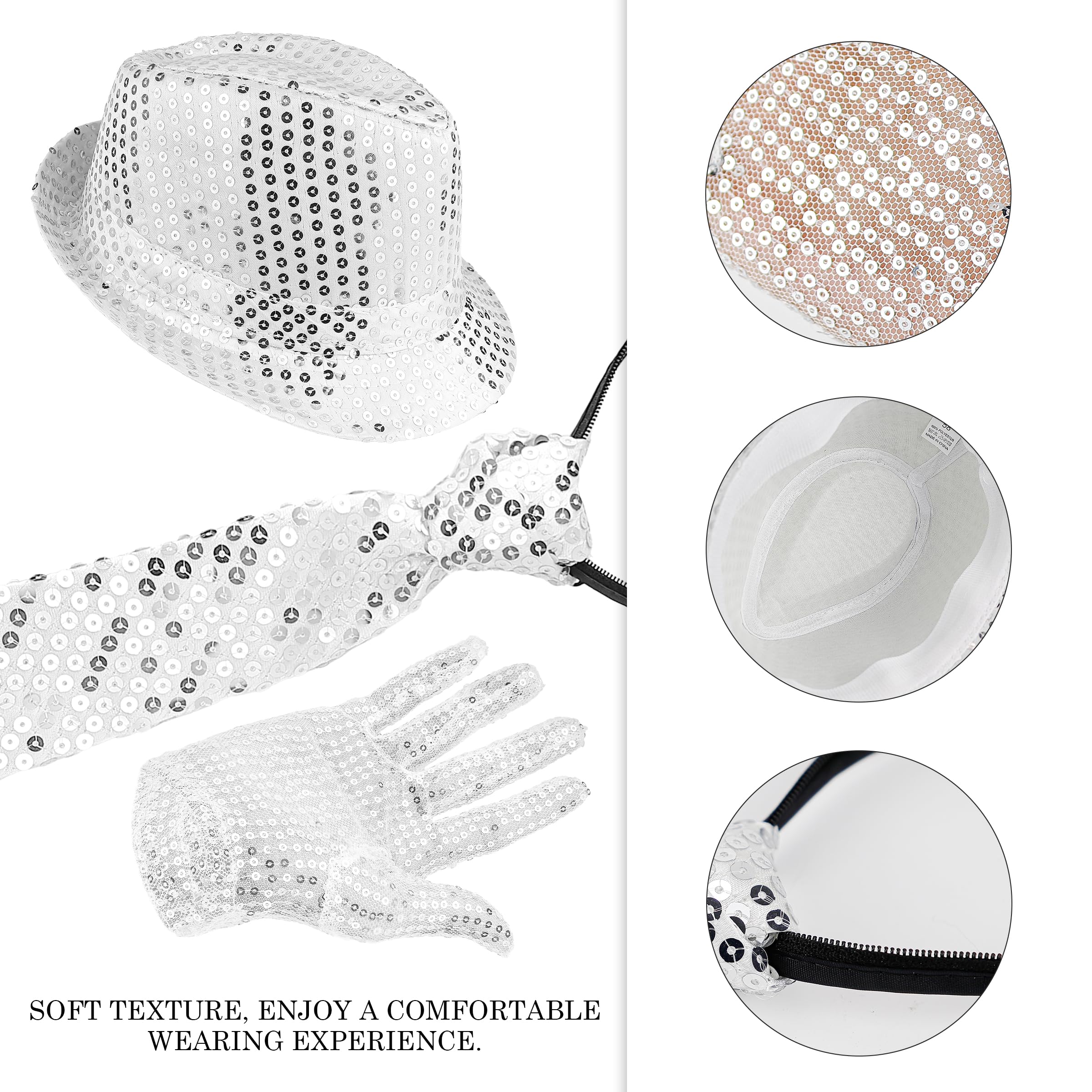 LNQ LUNIQI 3Pcs Women Disco Fancy Dress Accessories 70s with Sequin Hat Silver Sequin Gloves Bling Tie Glitter Costume for Hip-Hop Dance Theme Party Masquerade - Image 3