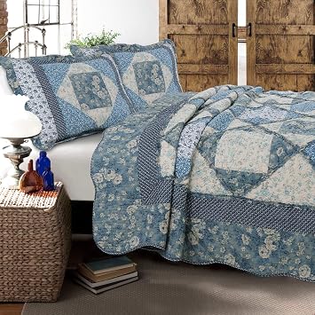 Moyers Reversible Patchwork Quilt Set 3Pcs Bedding Set Bedroom Bed 100% Cotton Full/Queen Size