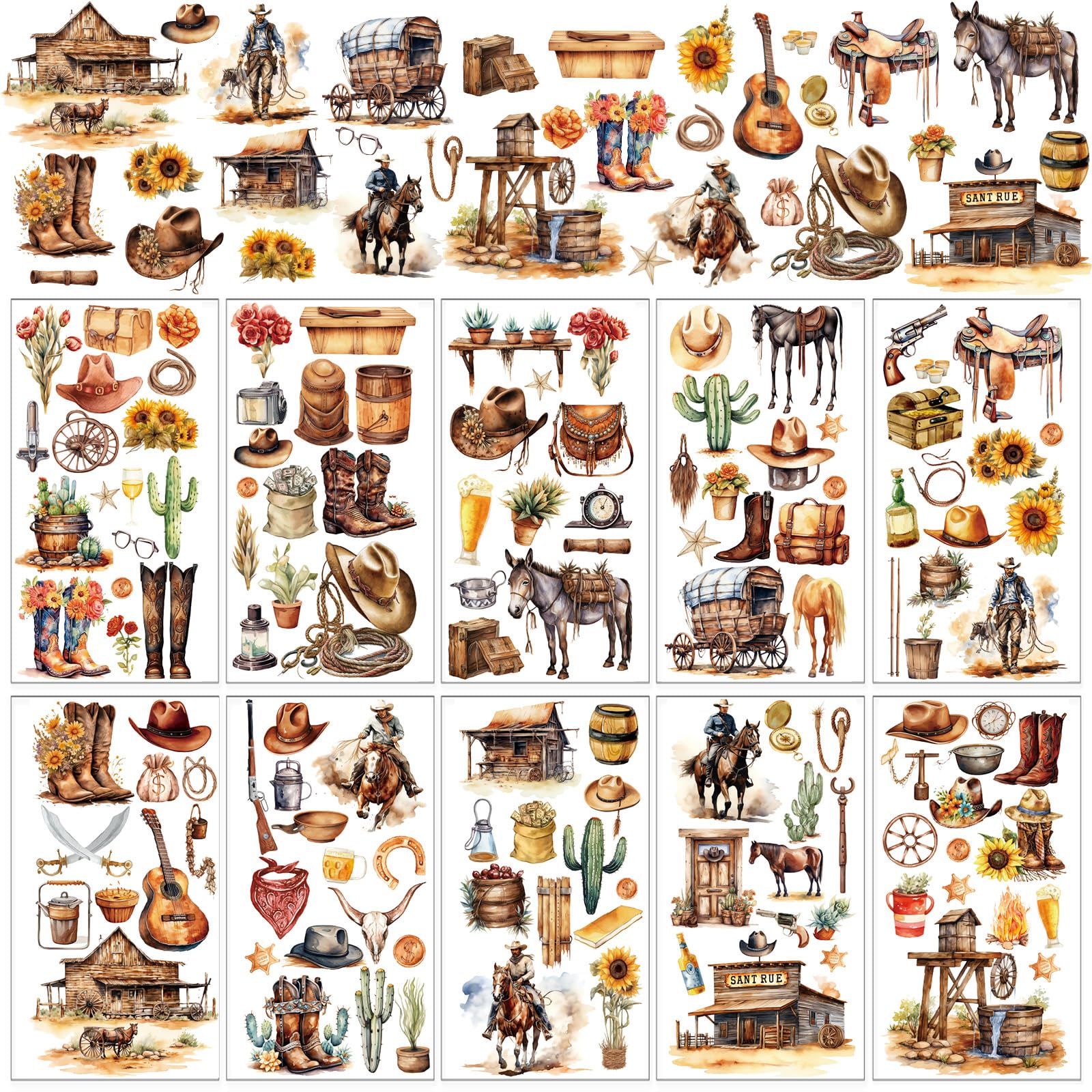 Feuilles de transfert cowboy occidentaux 15x30cm avec motifs vintage de bottes et chevaux