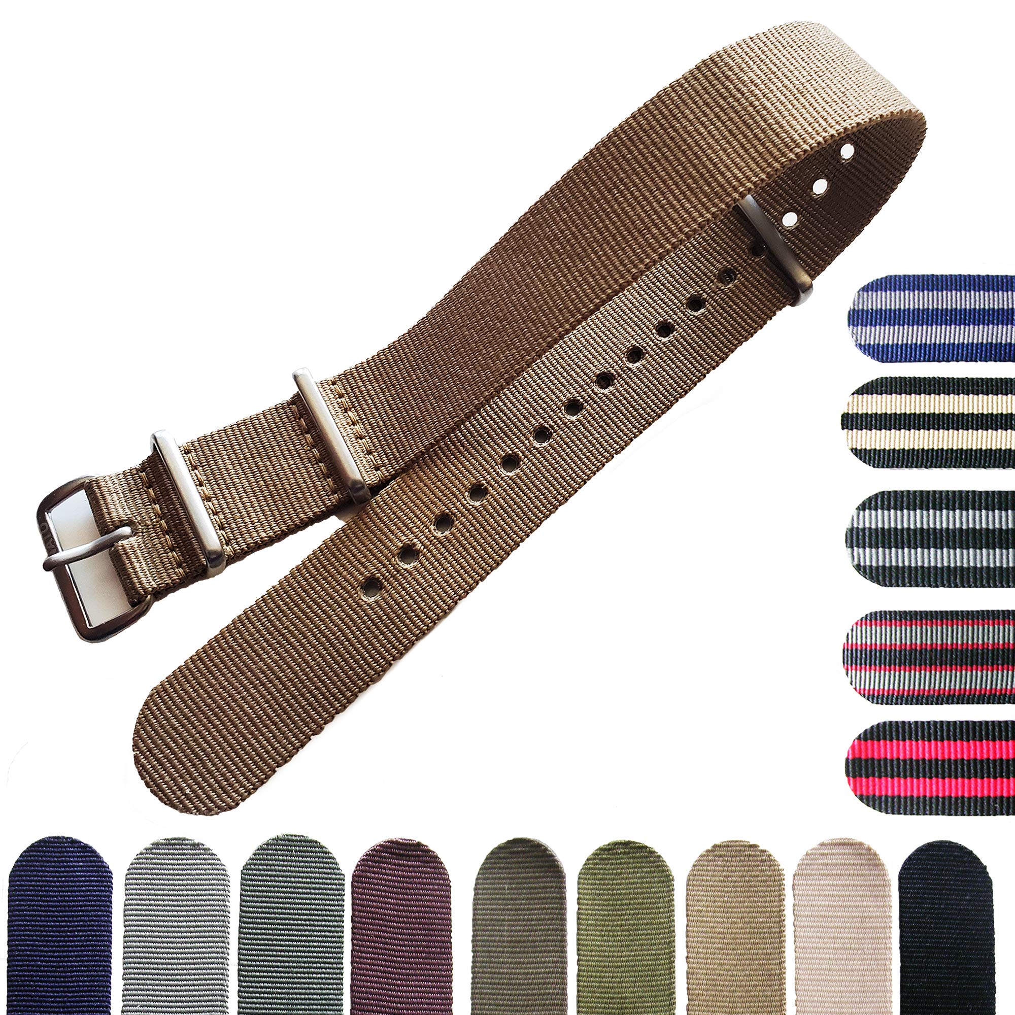 NATO G10 Ballistic Nylon Military watch band strap stripe USA Stock 16mm High Polished Satin Buckles (SATIN Buckles, Khaki-Brown)