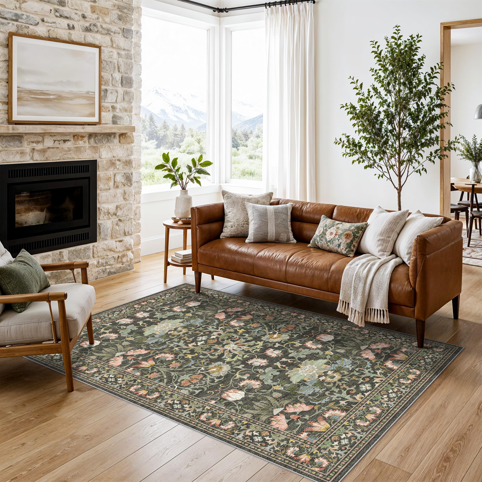 Washable 5x8 Living Room Area Rug: Vintage Water-Resistant Soft Rug for Bedroom Dining Room Non Slip Apartment Low Pile Carpet Thin Floor Mat for Dorm Home Office Printed Beside Rug(5x8，Green) — image 1