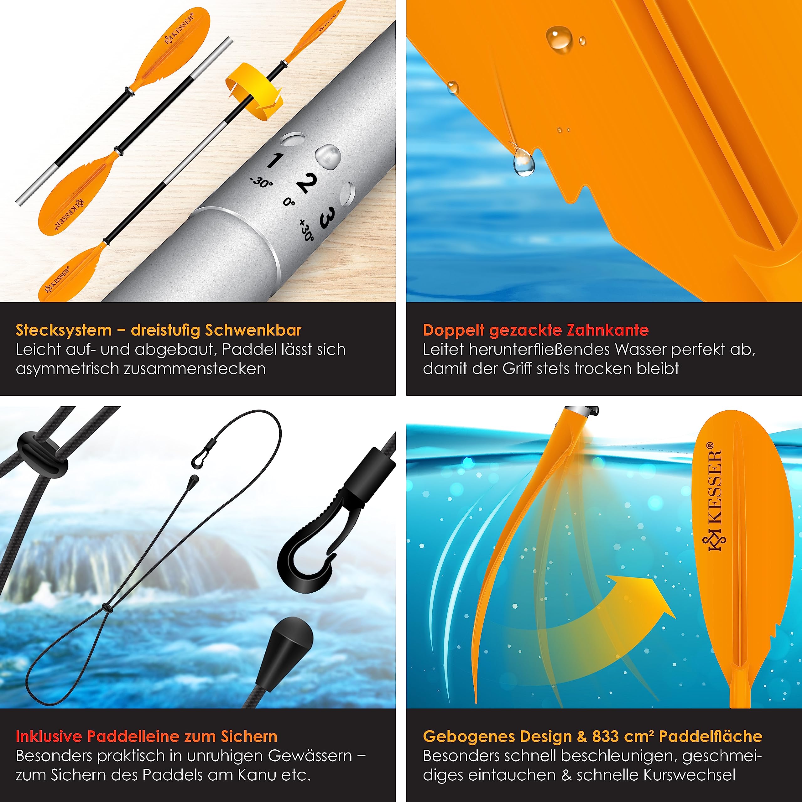 KESSER® Paddle Double Paddle, 4 Piece for Canoe, Kayaking, SUP Stand Up Paddle Paddle Paddle 228cm Aluminium Super Light for Inflatable Boat, Stand Up Paddle, Kayaking, Surfboard Boat