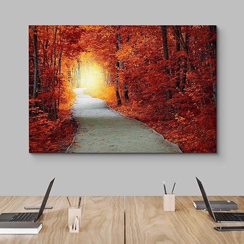 Miniatura 3 de SIGNFORD Lienzo impreso para pared, color naranja vibrante otoño, otoño, bosque, naturaleza, desierto, fotografía, realismo, paisaje decorativo,