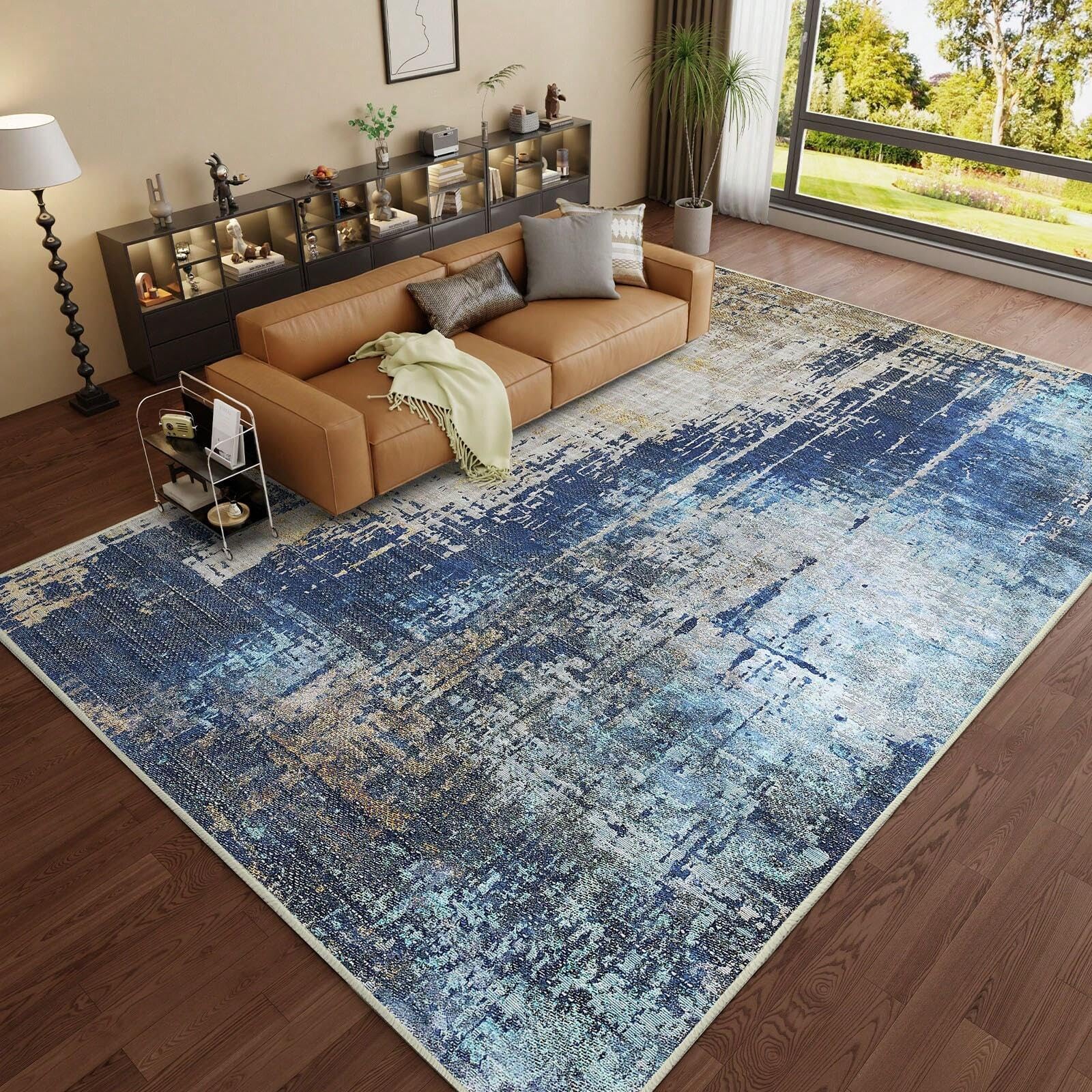 Tapis abstrait lavable pour salon et grand couloir bleu