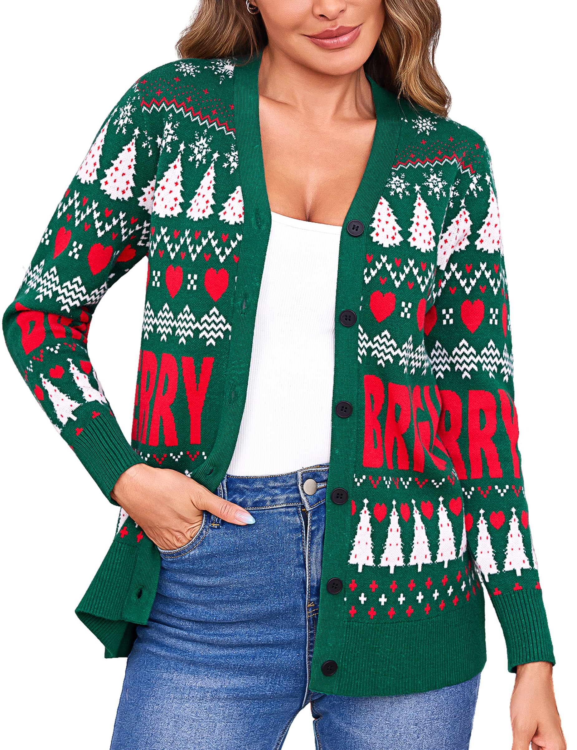Litherday Suéter de Navidad Mujer Invierno Cárdigans de Punto Ciervo Mujer para Chaqueta Navideños de Manga Larga con V Estampado de Reno Y Copos de Nieve Jersey