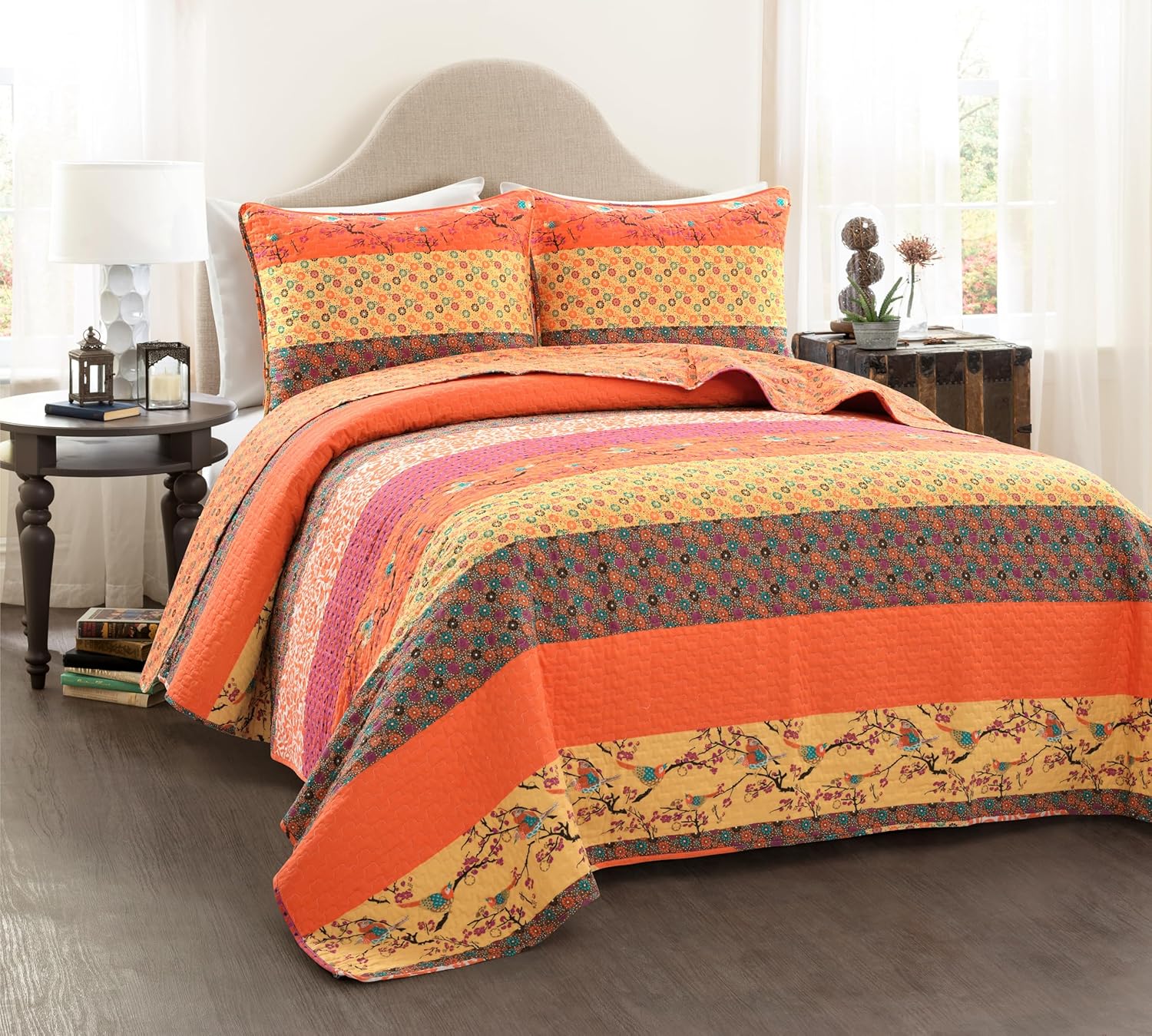 Lush Decor Royal Empire Reversible Cotton Quilt Set, 3 Piece Set Full/ Queen, Tangerine - Striped Bedding Set - Floral Quilt Queen Size - Orange Bedding - Boho Decor