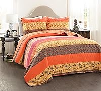 Lush Decor Royal Empire Reversible Boho Quilt Set Full/Queen 3-Piece Tangerine Striped Floral Cotton Bedding