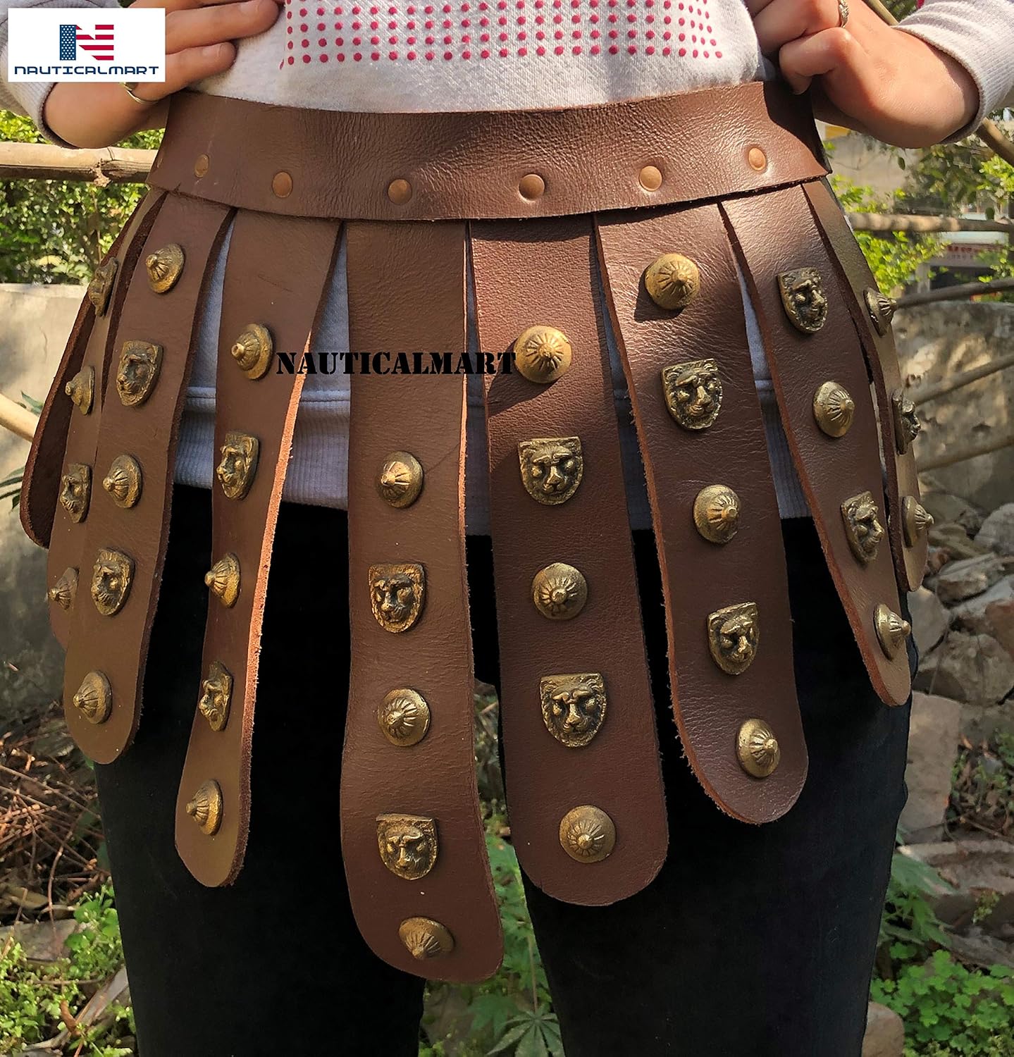 NauticalMart Medieval LARP Brown Leather TASSETS Belt - Halloween Armor Costume - Roman Soldier Belt - Greek Apron Belt adorned w/brass fittings Viking Soldier Halloween Cosplay Costume