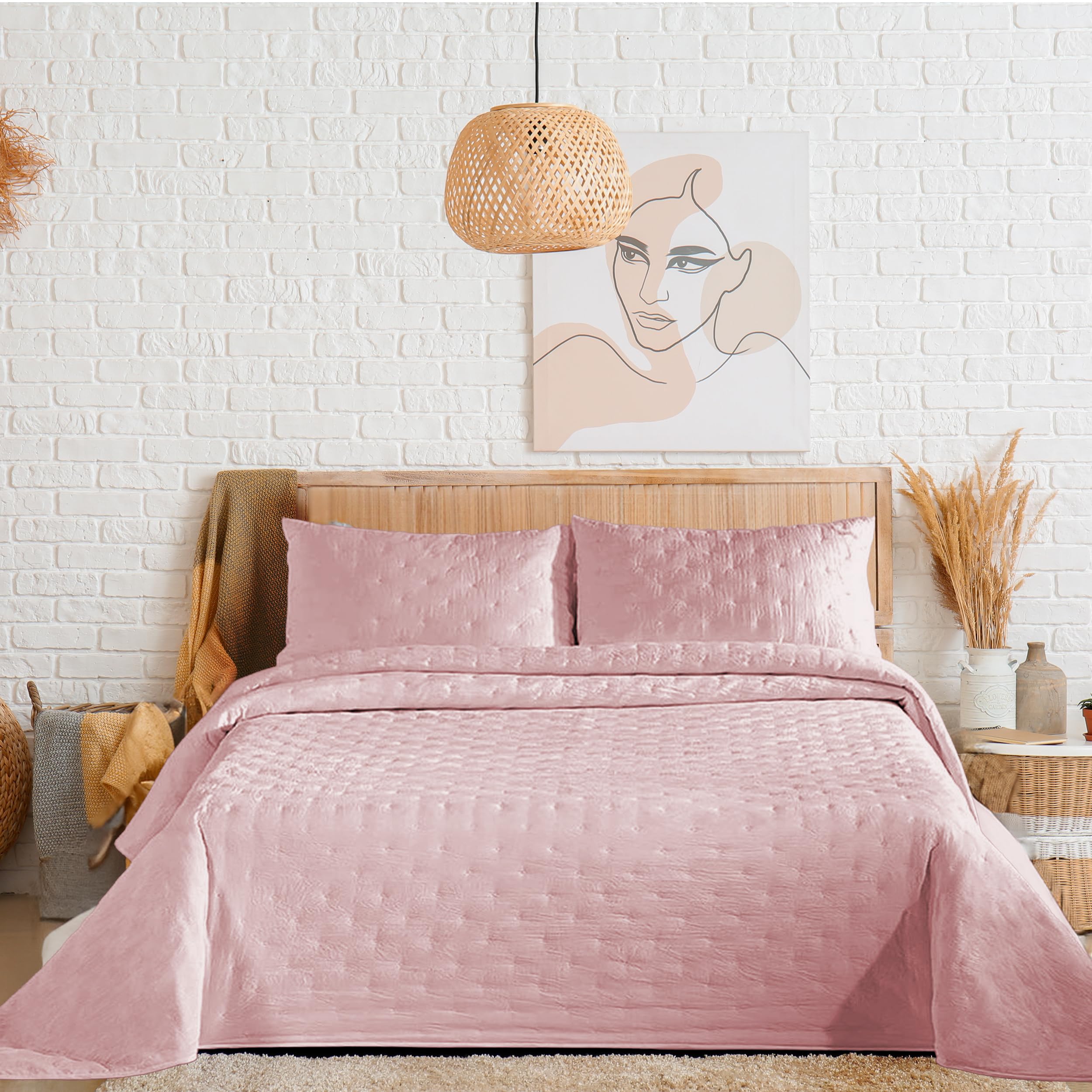 Colcha Boutis para Primavera y Verano Bicolor Reversible Liso de Color Beig + 2 Funda Cojin 50x70 cm - Colcha Ligera Fina Entretiempo (Cama 135, 220x260cm) — view 36