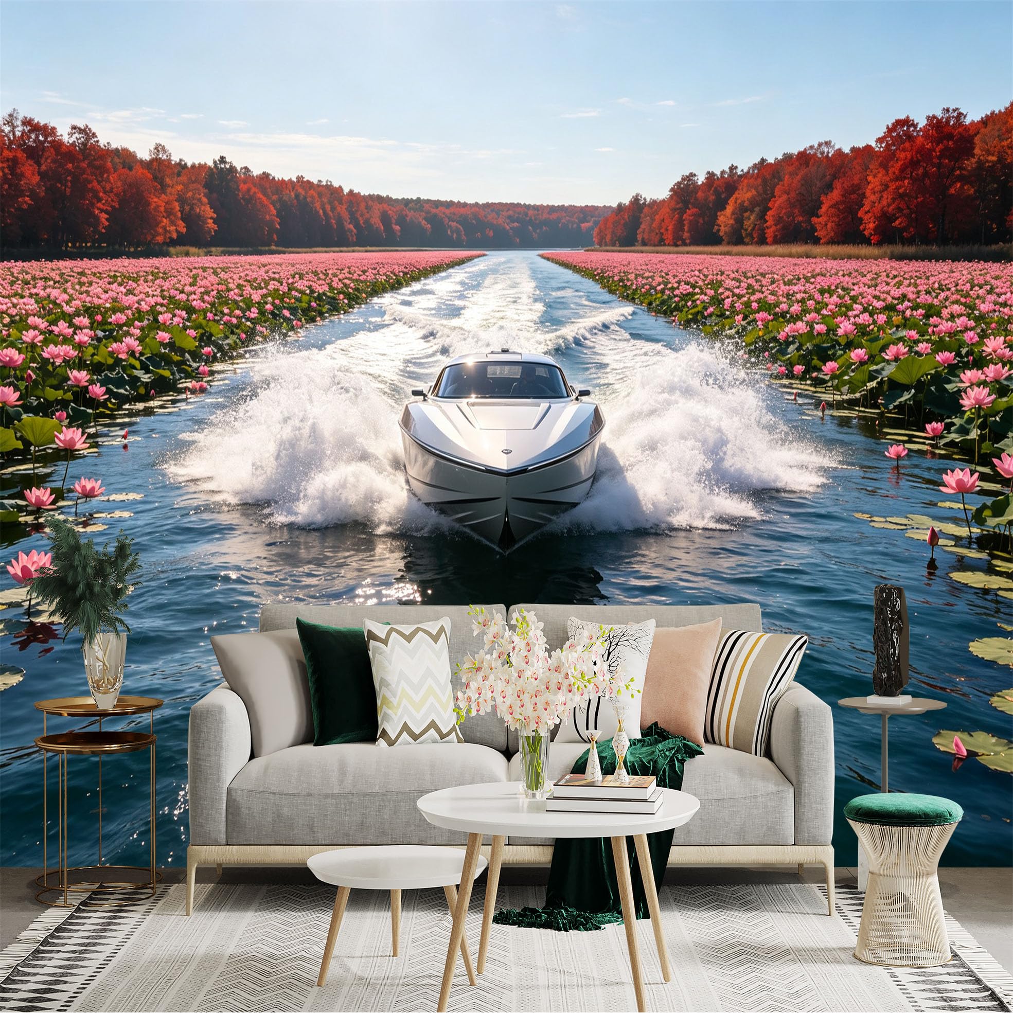 Custom Size Wall Sticker Mural， Speedboat Sailing on River， Pink Lotus Flowers and Autumn Forest Scenery， for wall Decoration， peelandstick wall Decals.