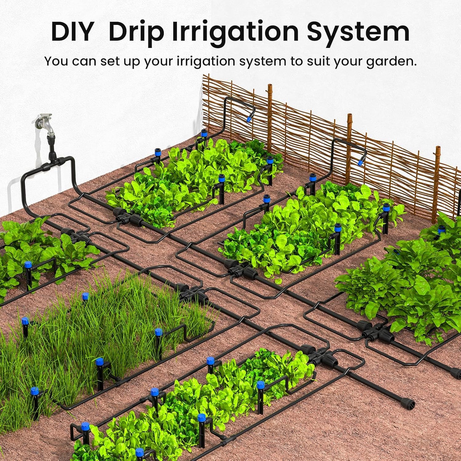 Quick-Connect Automatisches Tropfbewässerungssystem Kit - 60 m Gartenbewässerungsset mit verstellbaren Düsen und Sprinklern für Gewächshaus, Rasen und Topfpflanzen Bewässerungssystem