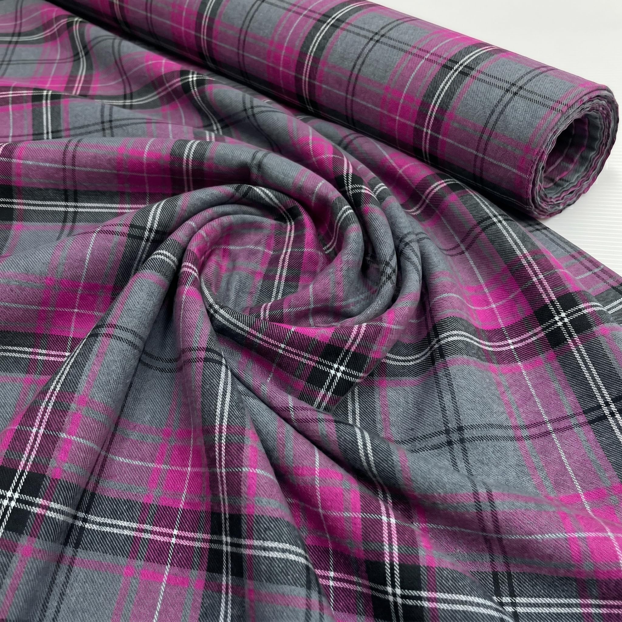 Grey & Pink Poly Viscose Tartan Fabric (Per Metre)