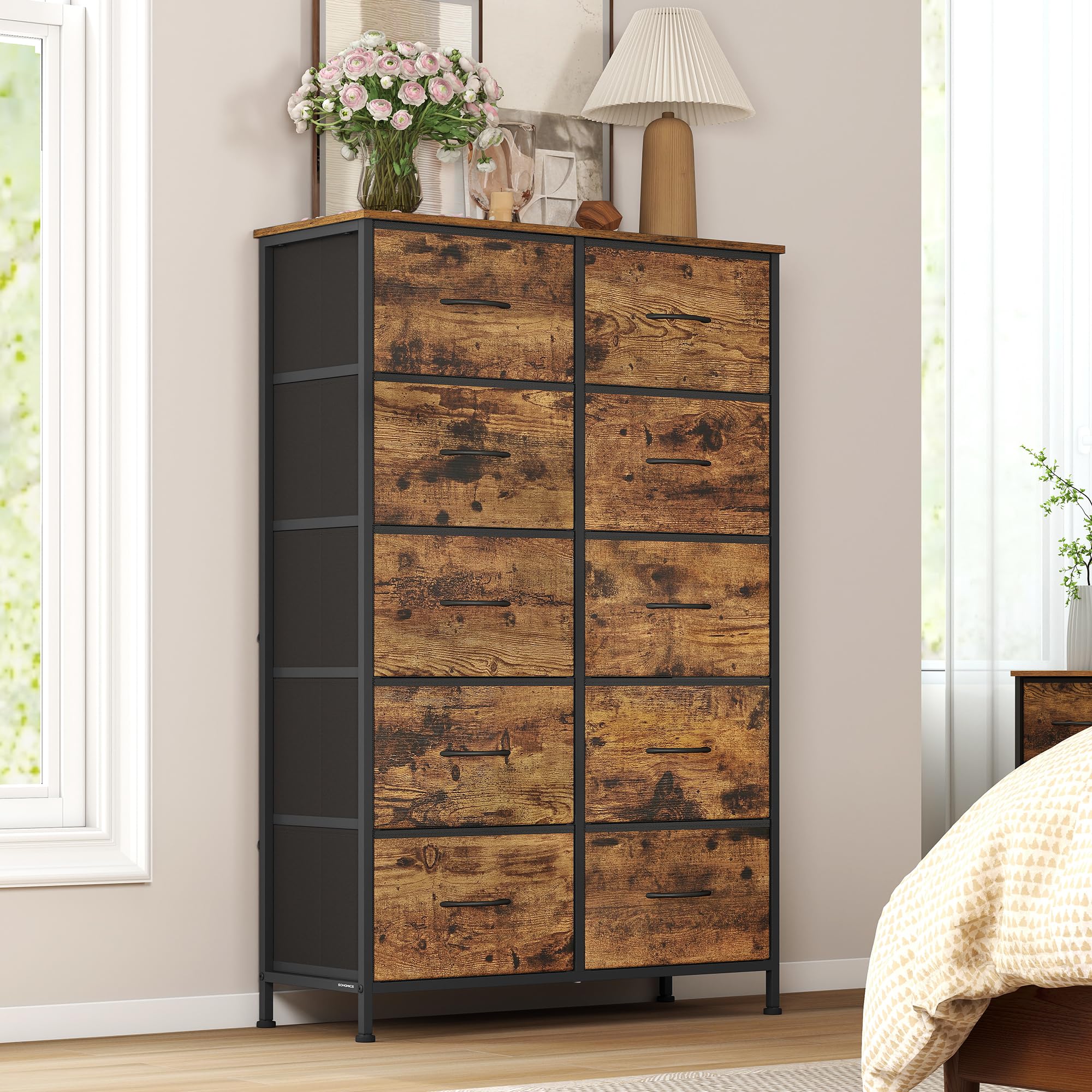 SONGMICS Chest of Drawers, Storage Unit, for Bedroom, Closet, Hallway, Living Room, Steel, 10 Drawers, Modern, Rustic Brown and Ink Black BELLAH Collection LGS125BH04