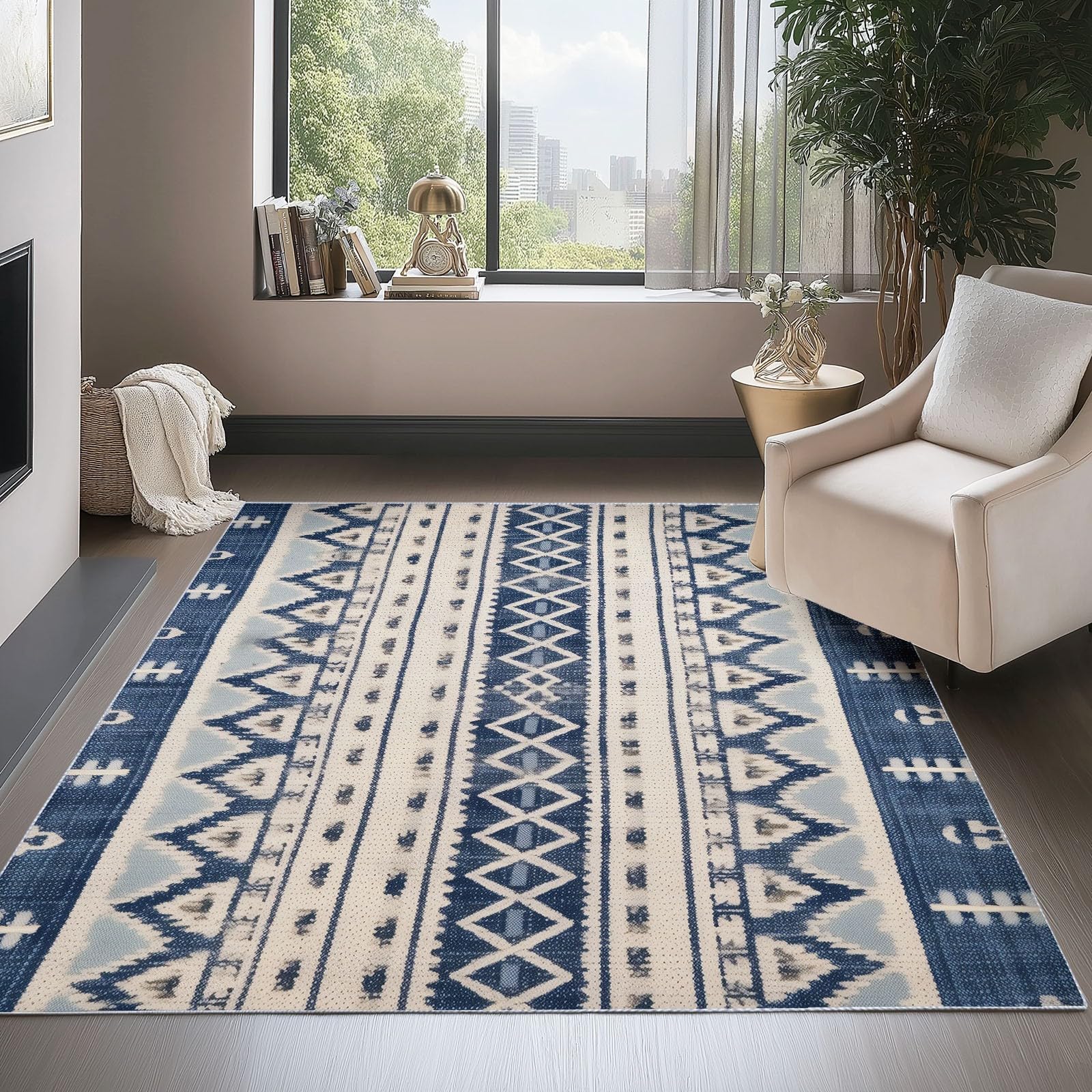 Tapis marocain bohème 180x280 cm lavable et bleu pour grand salon