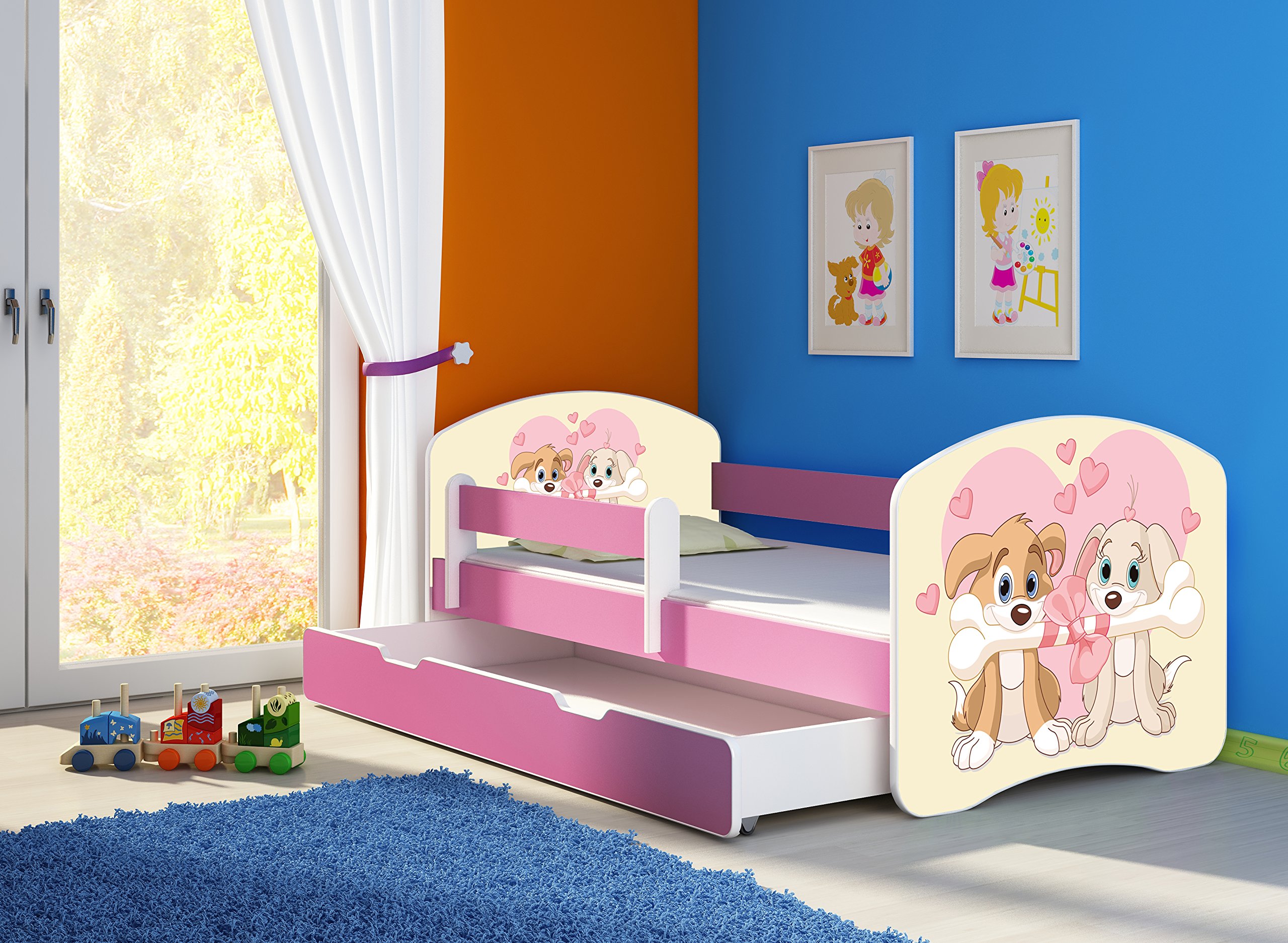 Lit Enfant 70 x 140 cm avec Tiroir, Matelas et Sommier à Lattes - Lit Junior avec Barrière de Sécurité - Rose