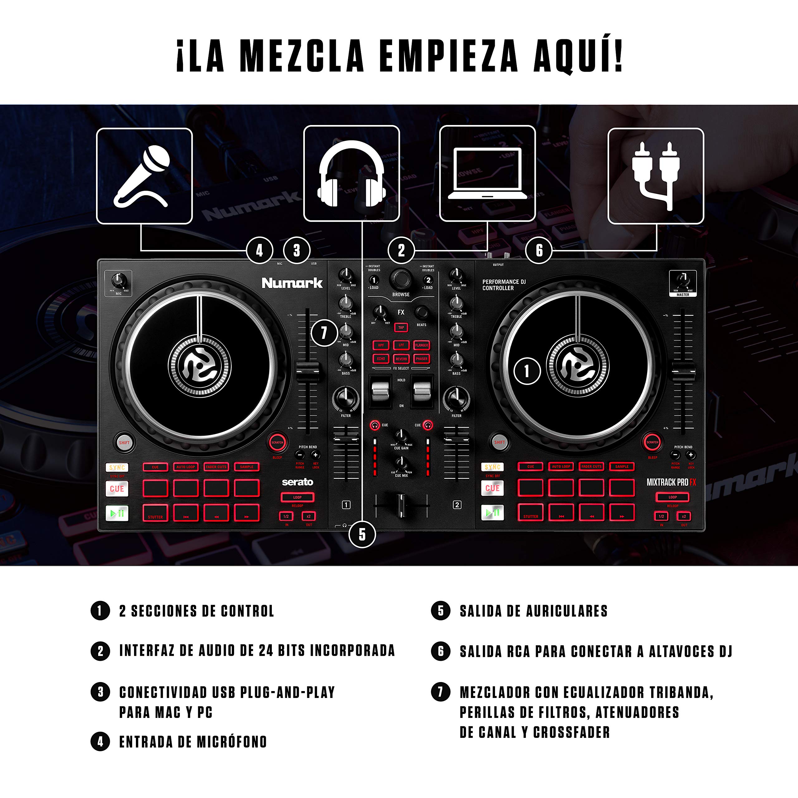 Numark Mixtrack Pro FX - Controlador DJ de 2 secciones para Serato DJ con mezclador DJ & Hercules DJMonitor 32-2 altavoces activos de monitorización de 15 vatios RMS