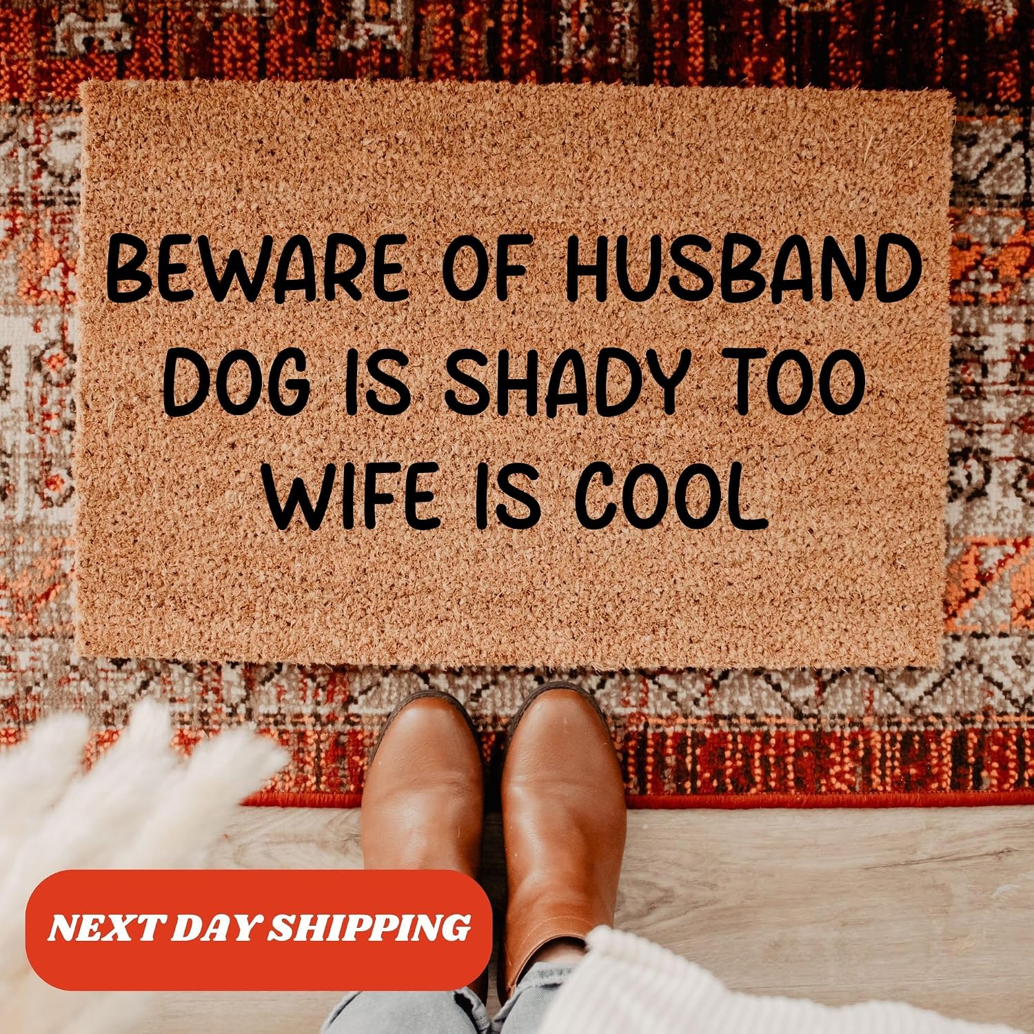 ASPOL Print Beware of Husband Dog is Shady Too Wife is Cool Doormat - Fall Door Mat for Outdoor Entrance - Porch Decor, Entry Rug, and Funny Housewarming Gift - Clearance Outdoor Rugs