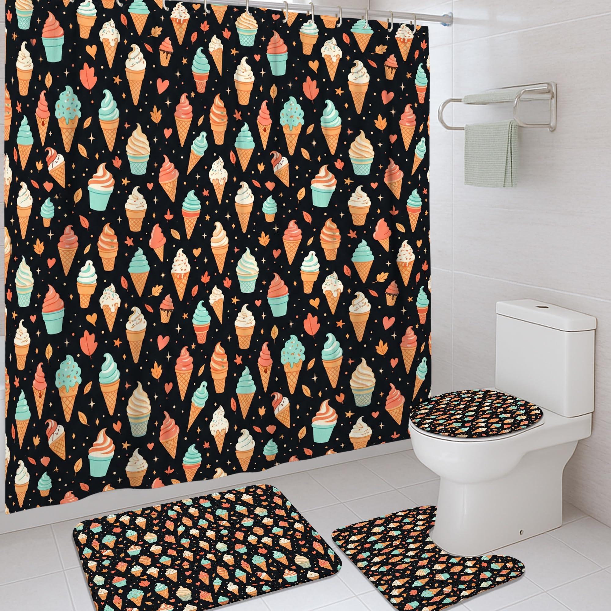 Rideau de douche motif cornet de glace imprimé noir ensemble avec tapis assortis