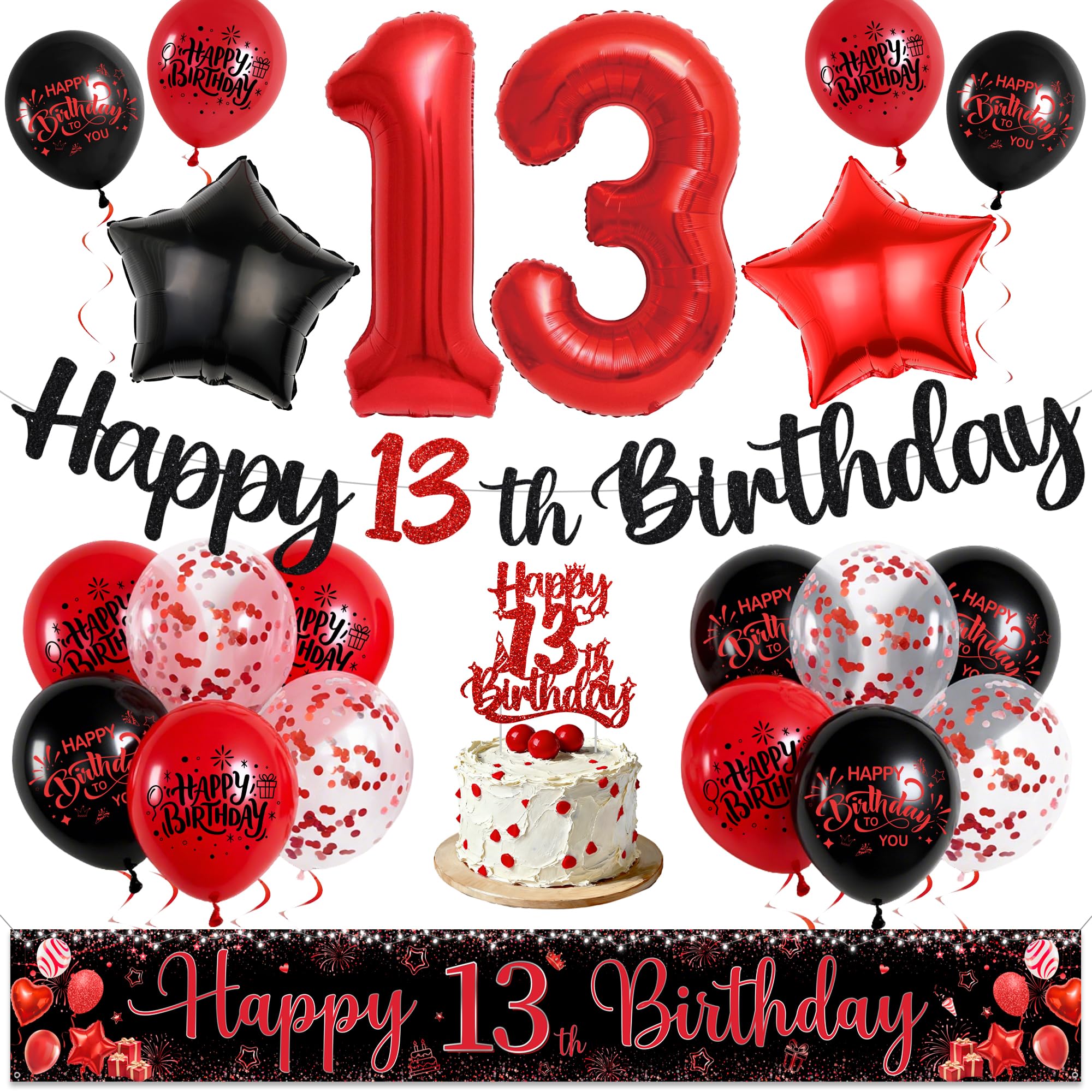 13th Birthday Decorations for Boys Girls - Red Black Happy 13th Birthday Yard Banner and Letter Garland Banner, Star Number 13 Foil Balloons Cake Toppers for 13 Years Old Party Supplies
