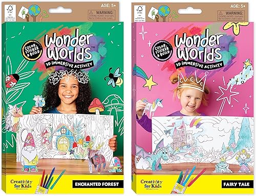 Creativity for Kids Wonder Worlds - Kit de colorear 3D, paquete de 2 cuento de hadas de princesa y bosque encantado, kit de actividades de libros