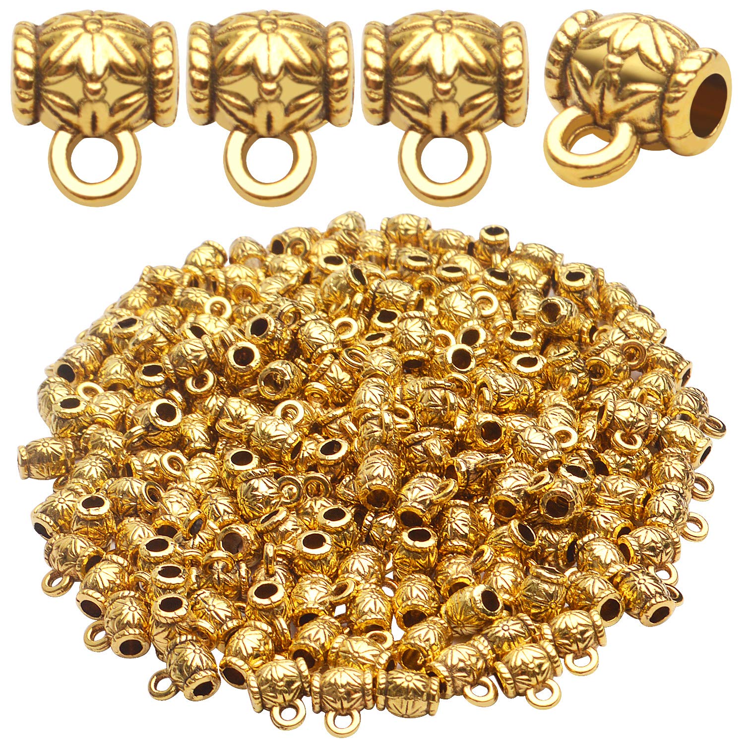Antique Golden Bail Beads, 200pcs Pendant Clasp Bail Beads Charms Conector Hanger Links Tibetan Loose Spacer Beads for DIY Bracelet Necklace Jewelry,7.5x6.5mm,Hole:2.5mm