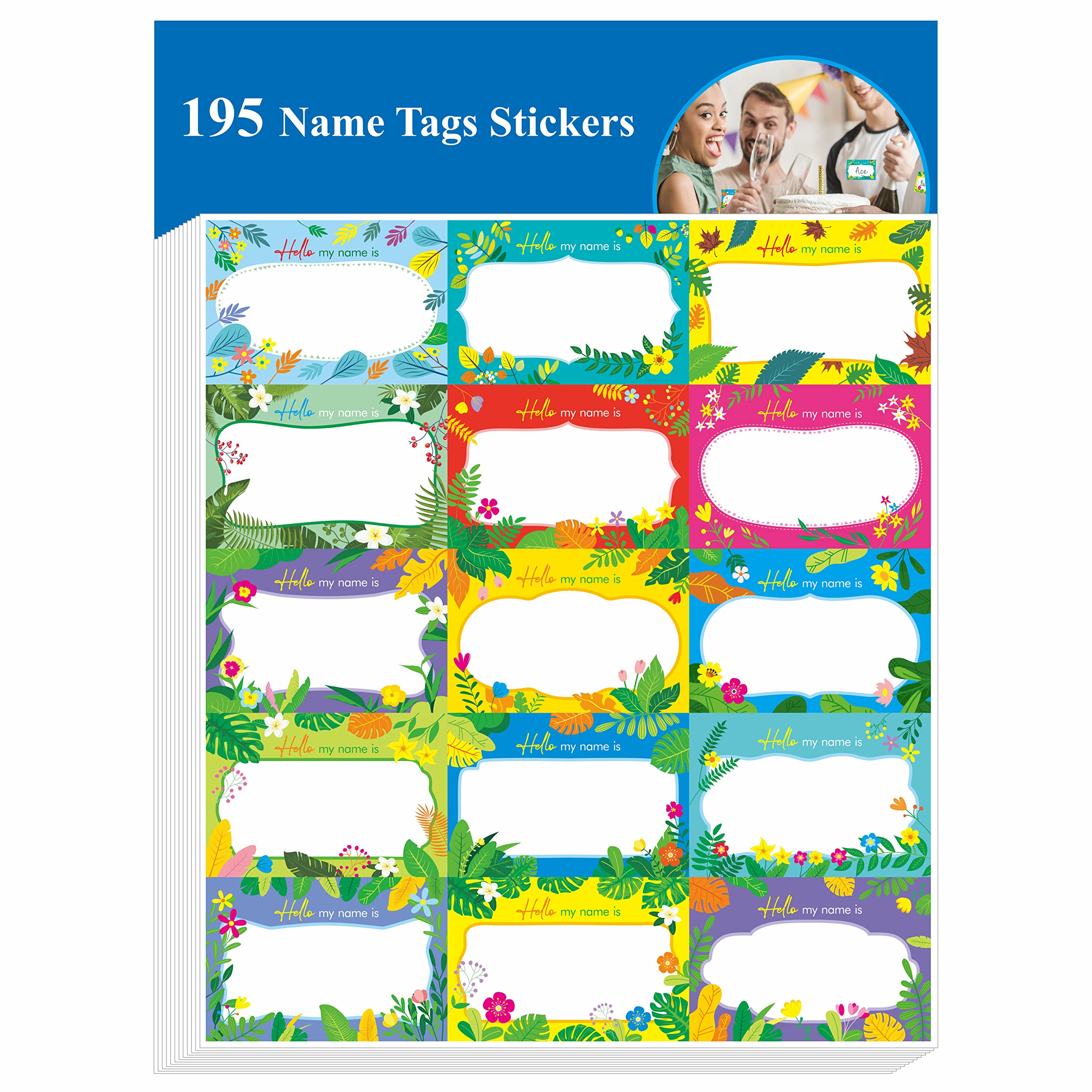 Photo 1 of 4pcks of 195 PCS Name Tag Labels, Floral & Green Plant Name Badge in 15 Designs Writable Name Tag with Permanent Adhesive Stickers for School Office Home (Each Measures 3" x 2") Flowers and Plants