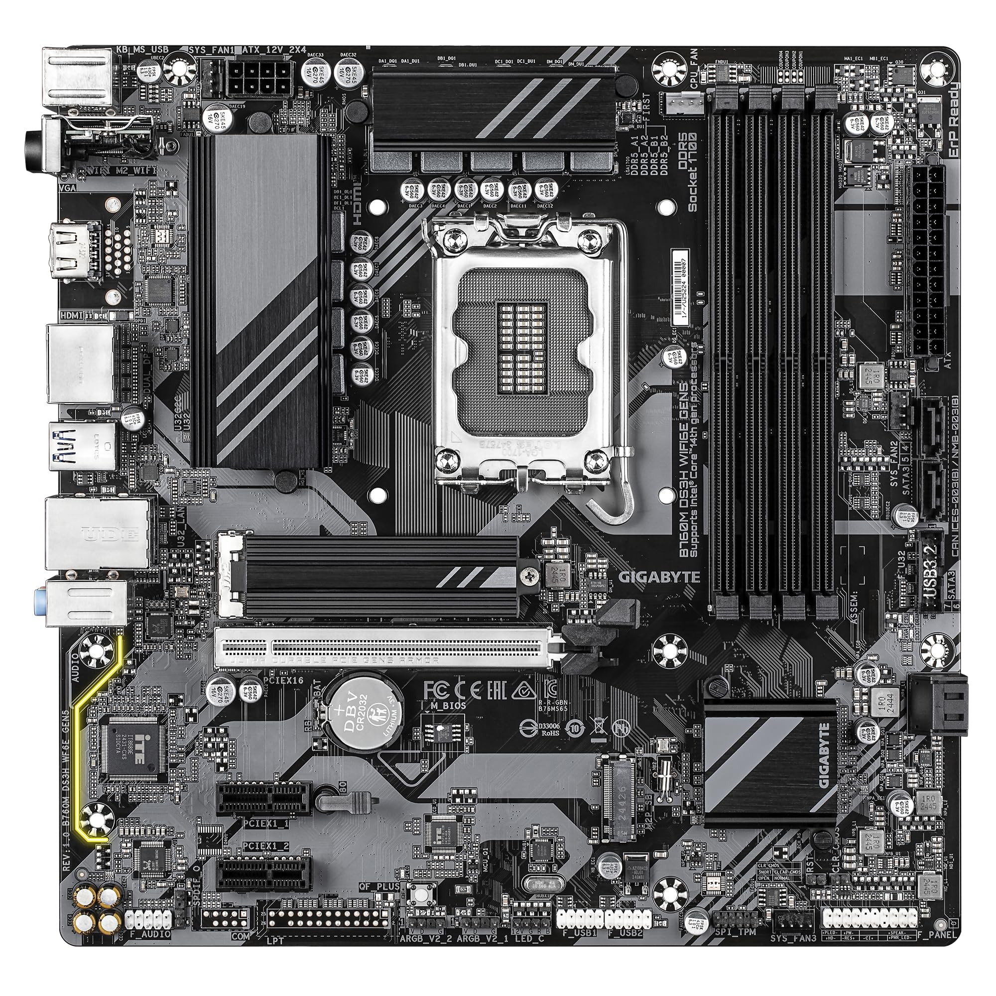 GIGABYTE Płyta główna B760M DS3H WIFI6E GEN5 – kompatybilna z procesorami Intel Core 14. generacji, cyfrowy VRM 6+2+1 fazy, do 5600 MHz DDR5, 2 x M.2 PCIe 4.0, Wi-Fi 6E, LAN 2.5 GbE