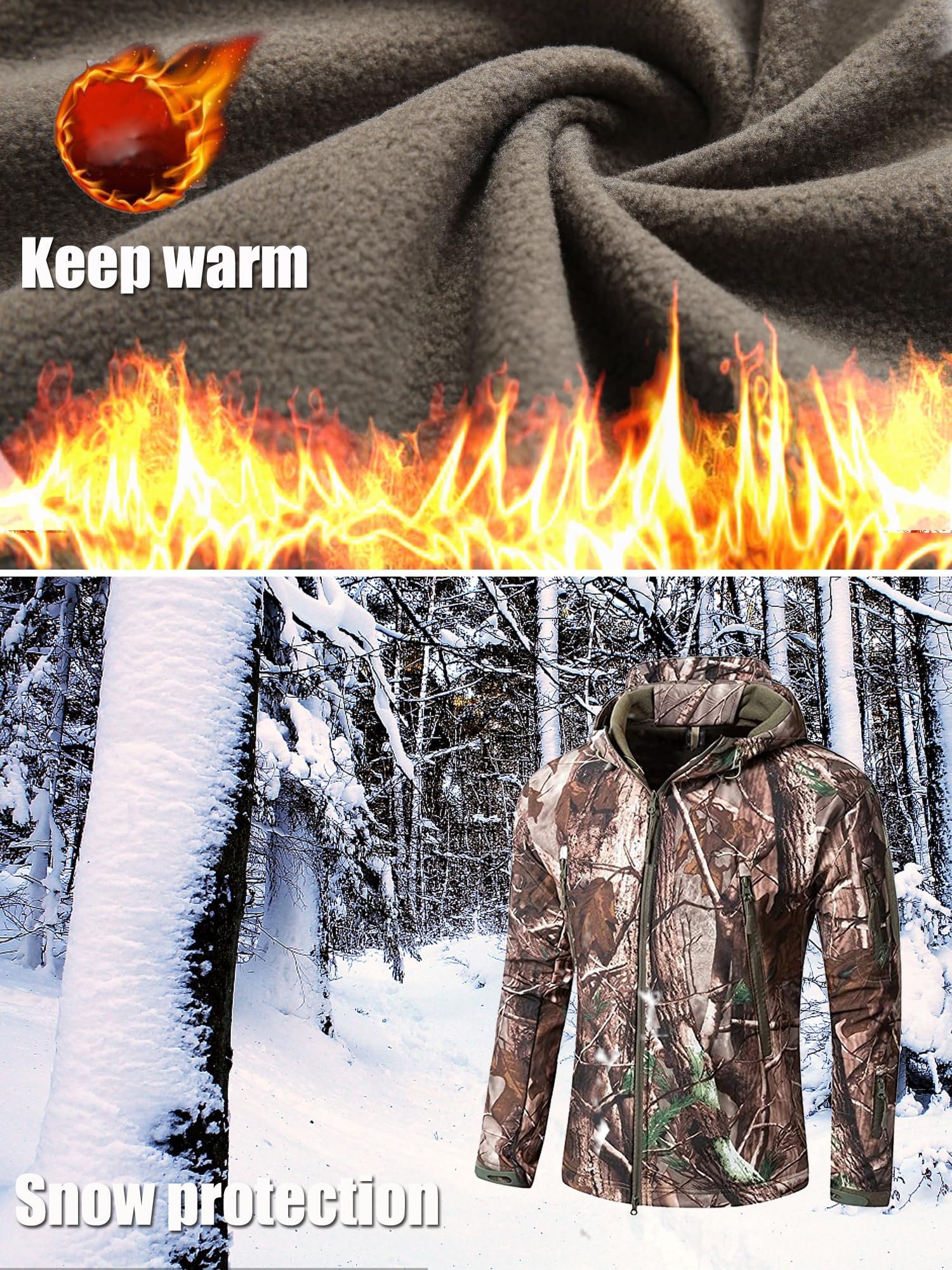 Kelmon Uomo Tattico Softshell Giacca Multifunzionale Outdoor Camouflage Militare Pile Fodera Impermeabile Antivento Calda Cappuccio Cappotto