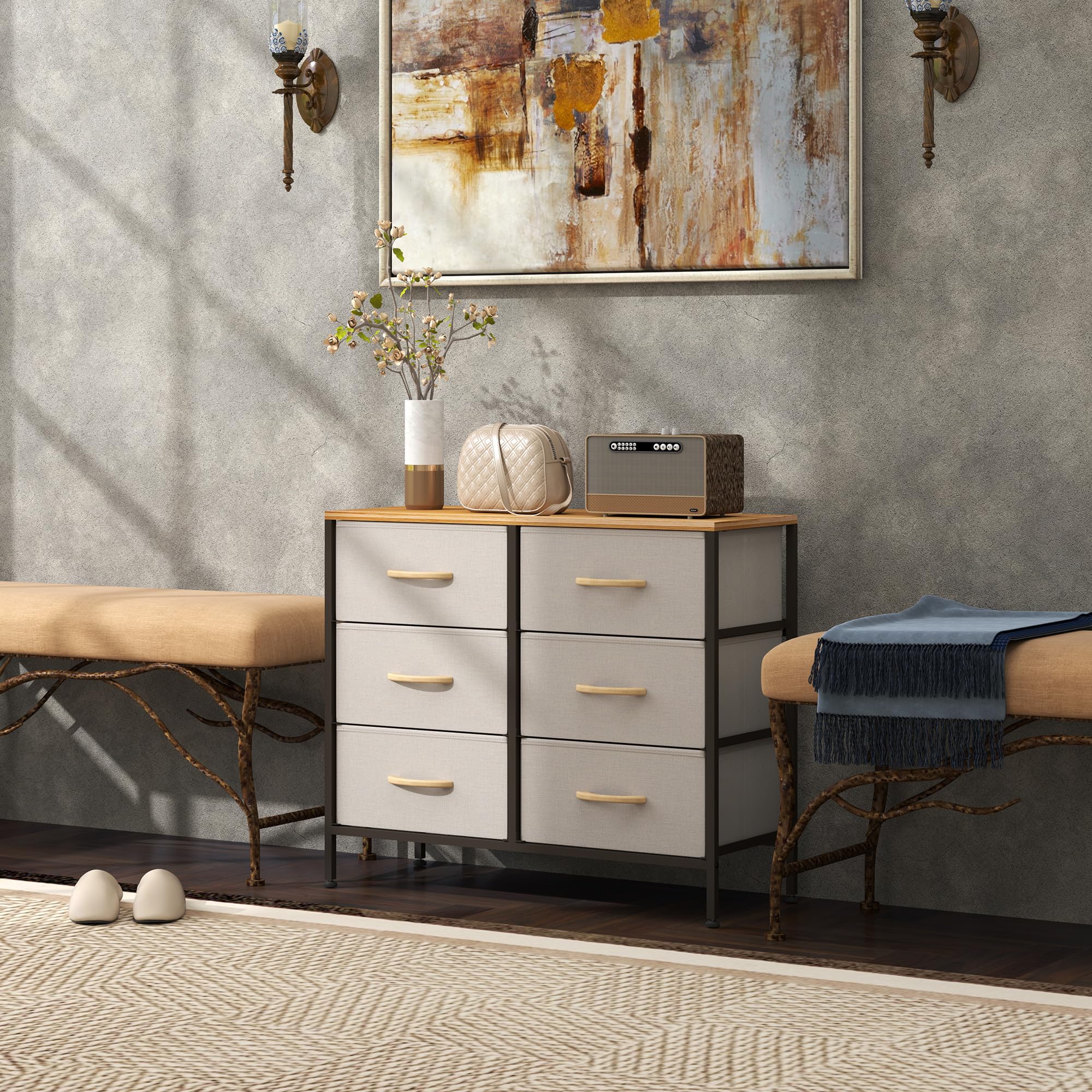 HOMCOM Kommode aus Stoff, industrielle Schlafzimmerkommode mit 6 Stoffschubladen, Stahlrahmen und Holzplatte für Kinderzimmer, Wohnzimmer, Flur, Cremeweiß